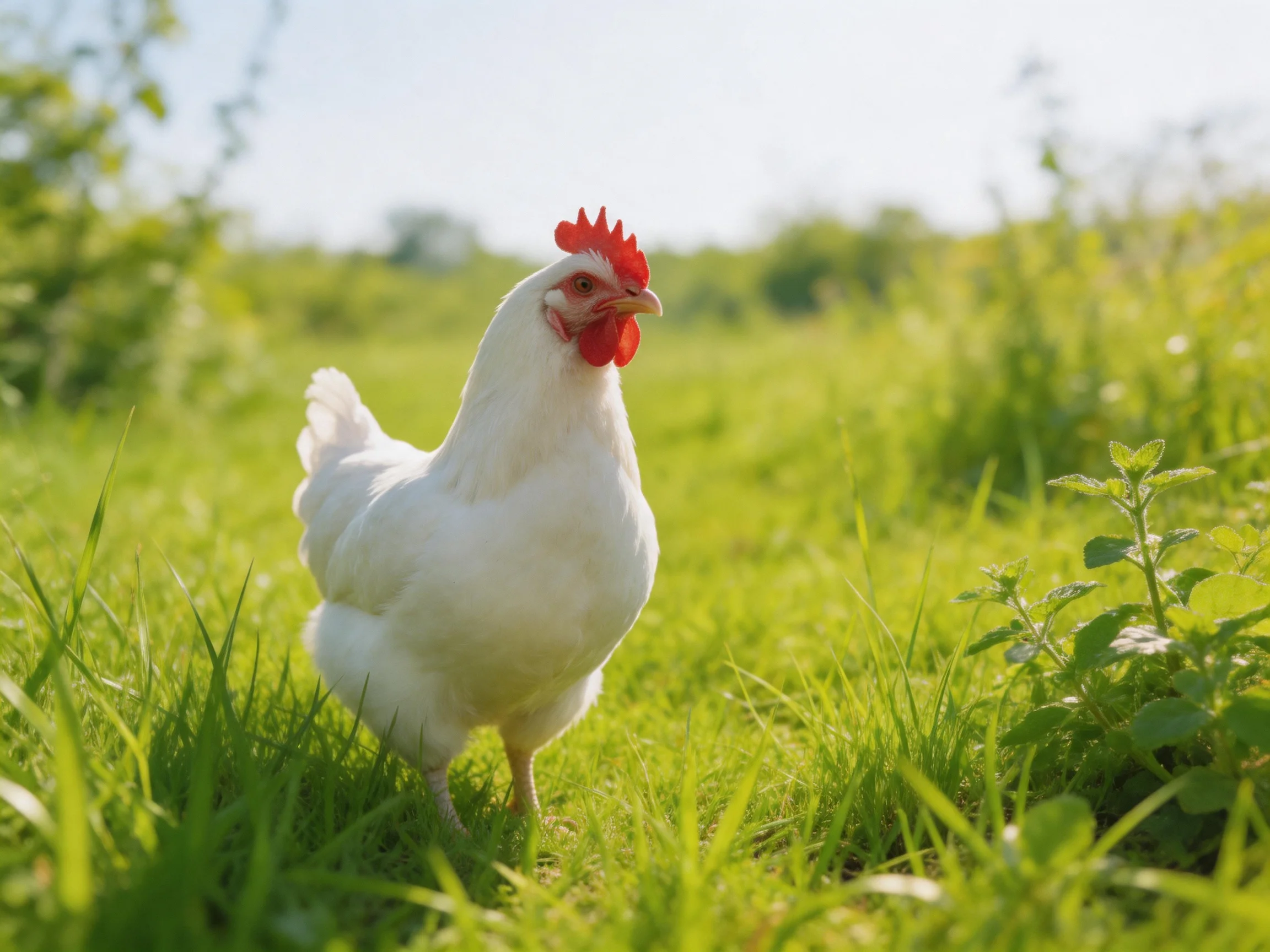 A white chicken with a red comb explores a sunlit grassy field.