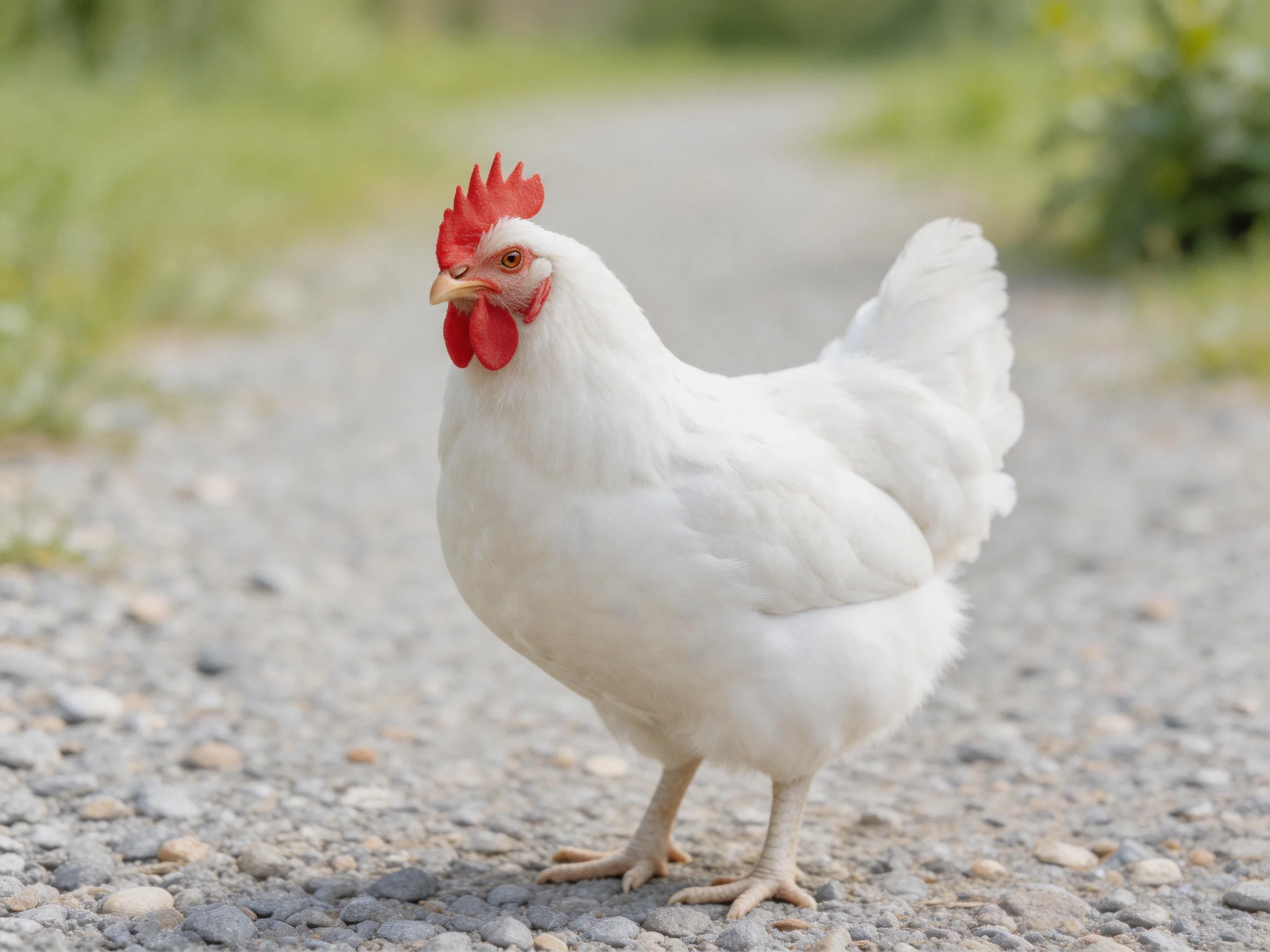 A white chicken with red comb stands on a gravel path in a green outdoor setting.