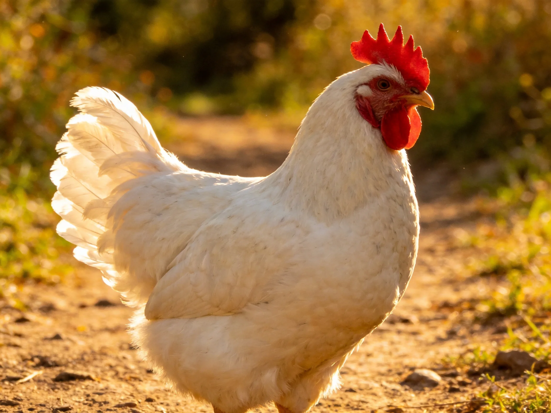 A white chicken with red comb is positioned a sunlit dirt path near greenery.