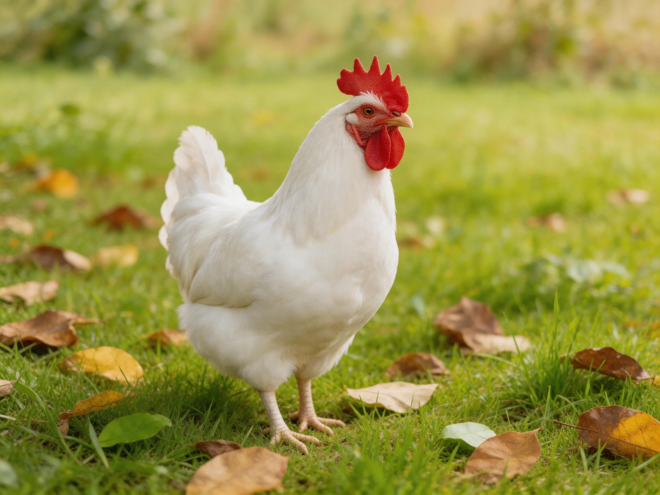 A white chicken with red comb stands on green grass amid scattered autumn leaves