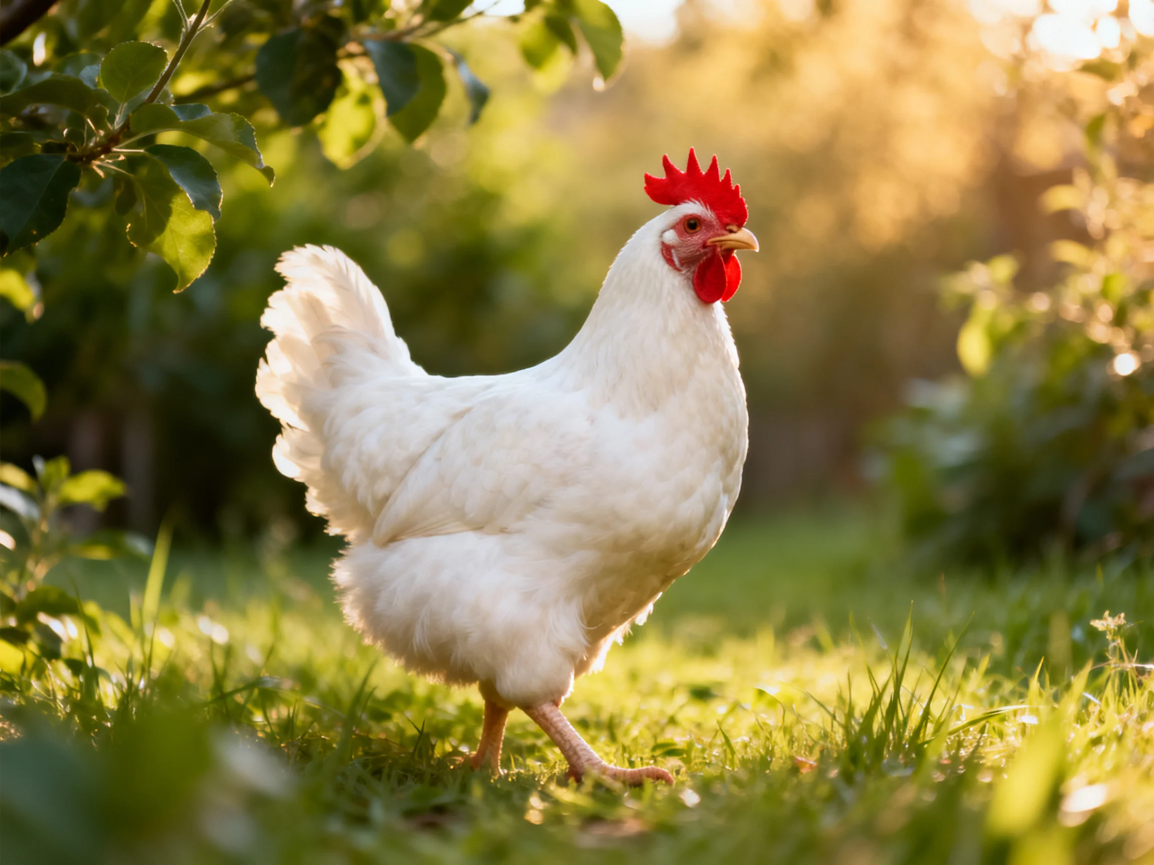A white chicken with red comb walking in sunlit grassy environment