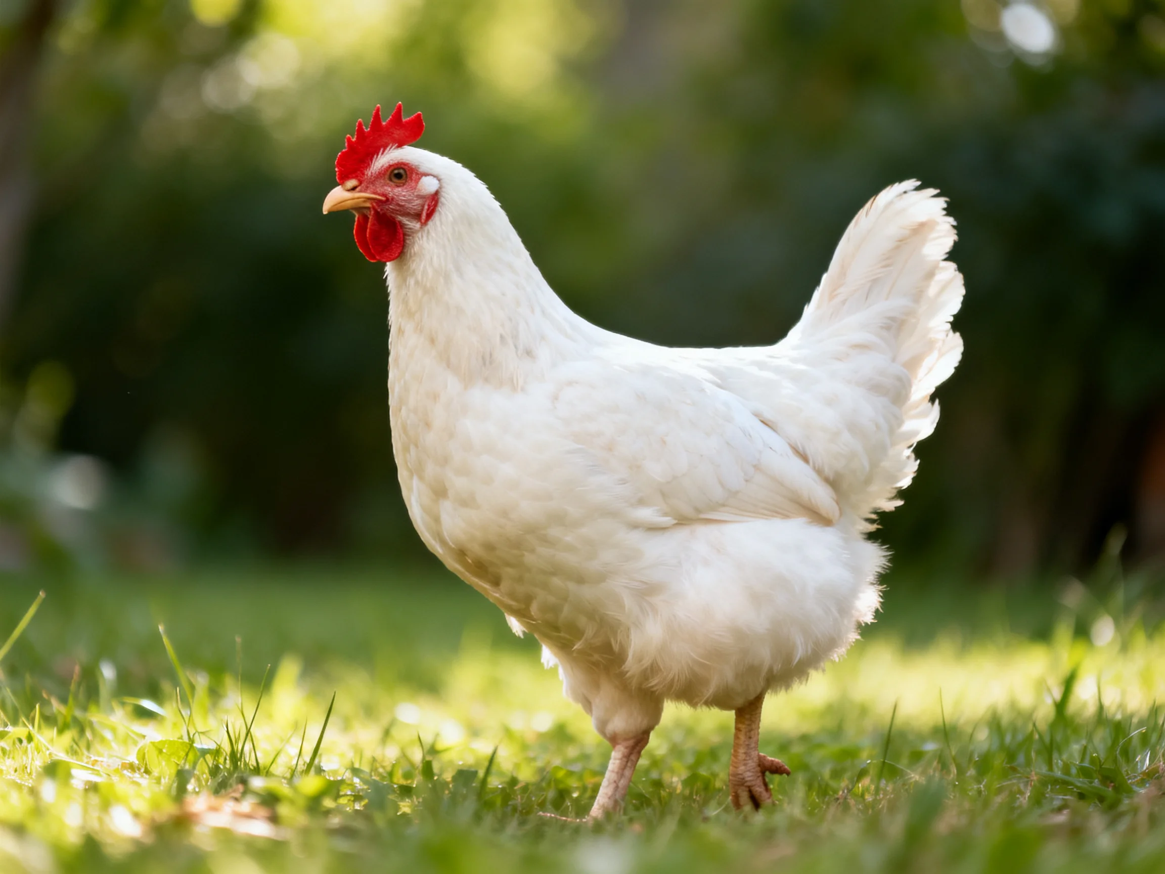 A white chicken with a red comb walks on grass in a sunlit setting.