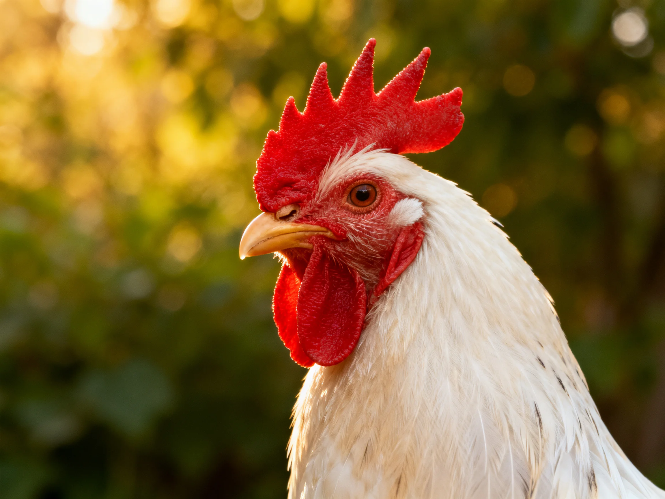 A white chicken with red facial features stands out against a sunlit natural backdrop.