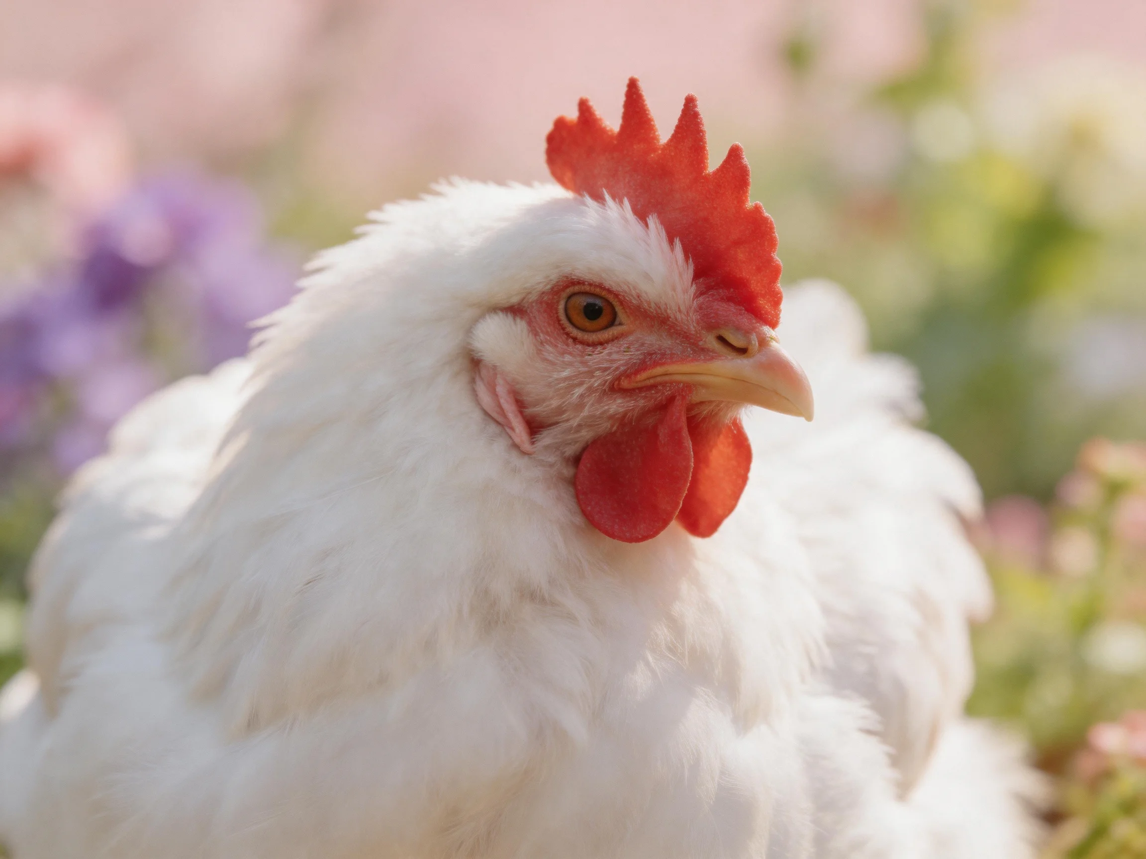 A white chicken with vibrant red comb and wattles in a flower-filled environment