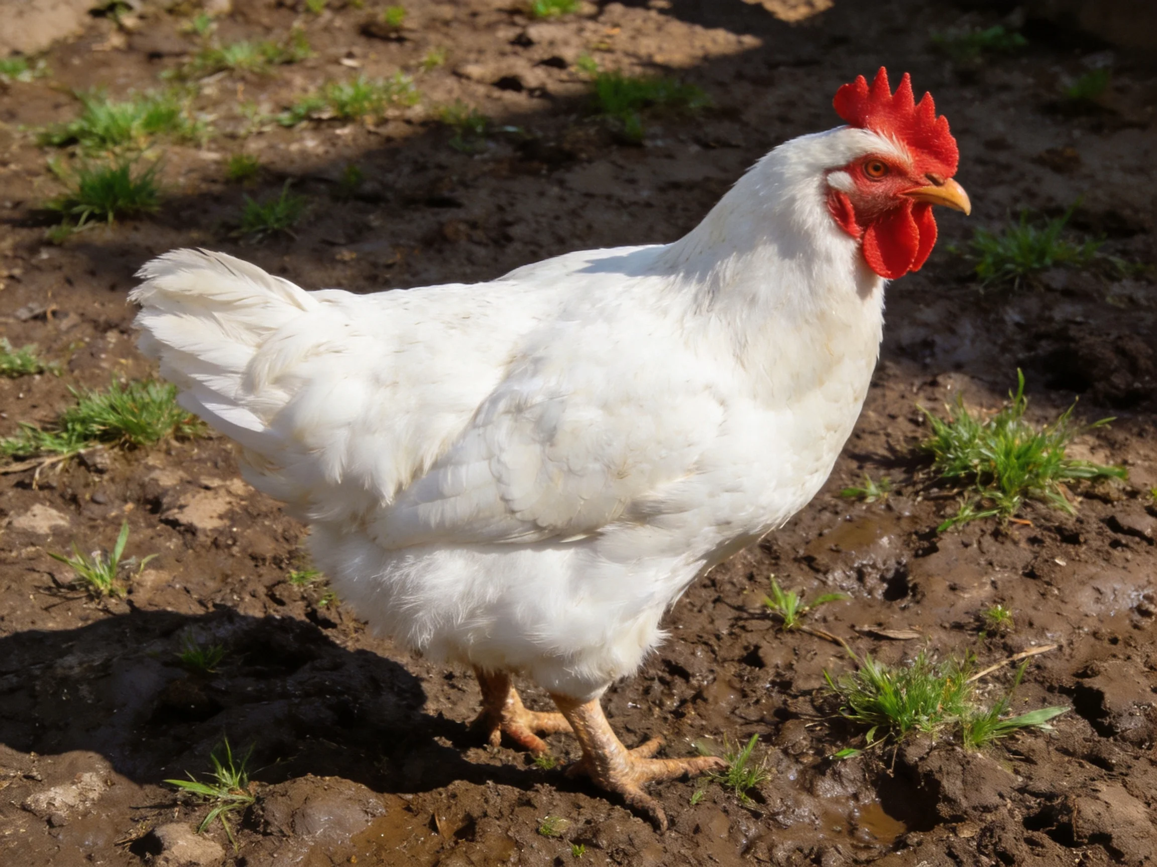 A white chicken with a red comb stands on muddy ground among small green plants.