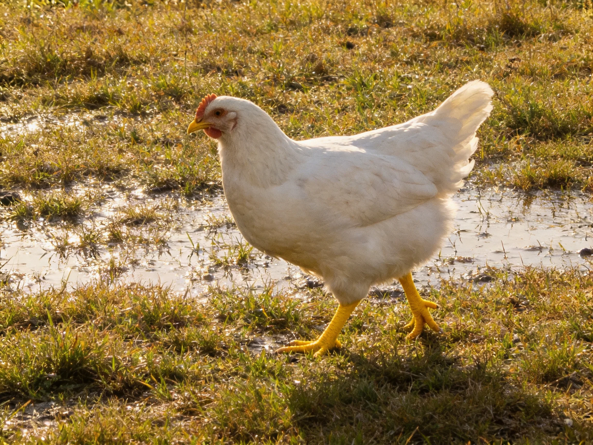 A white chicken with yellow legs walking on wet grass near puddles