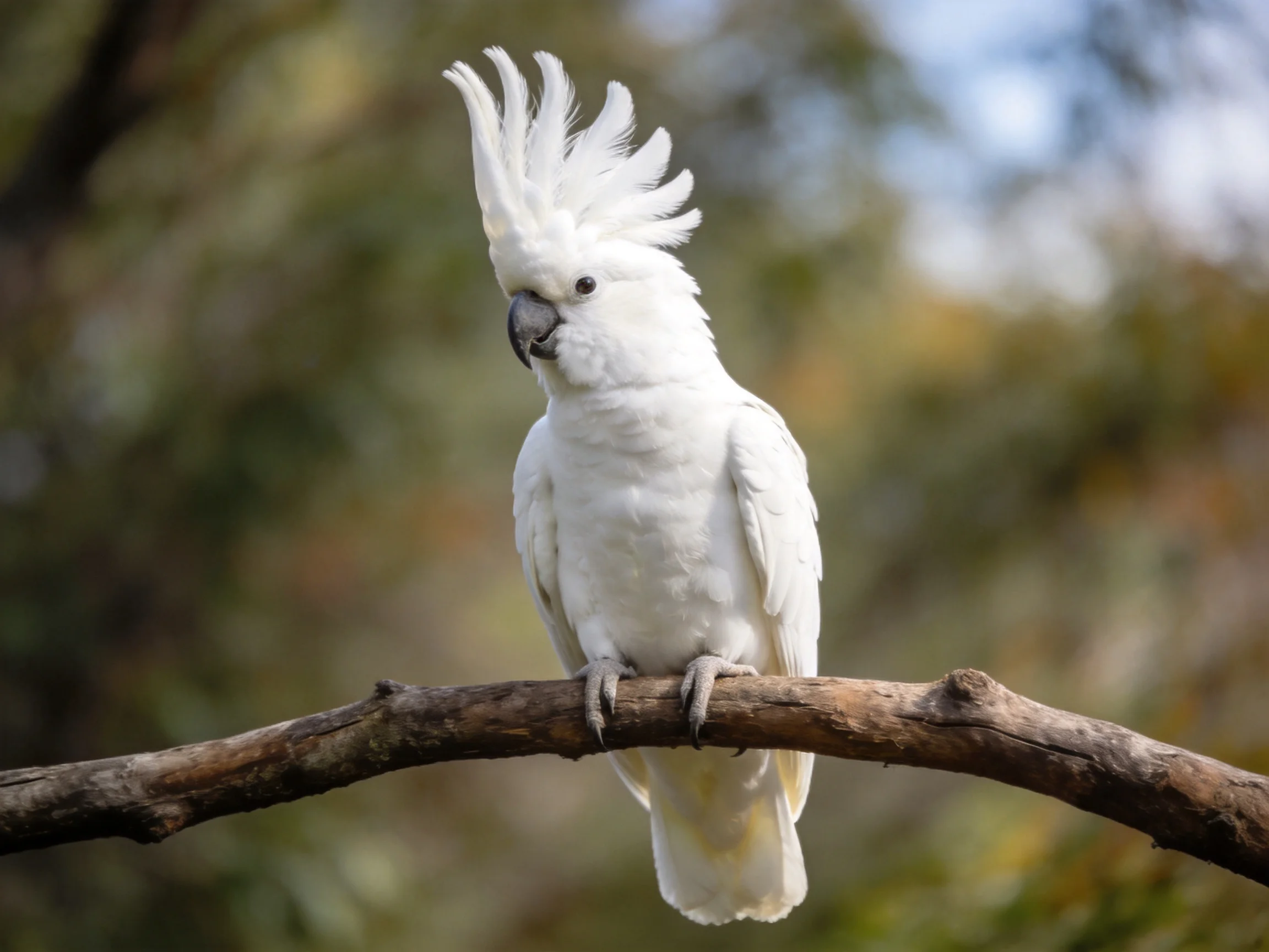 A white crested cockatoo perched on a brown tree branch