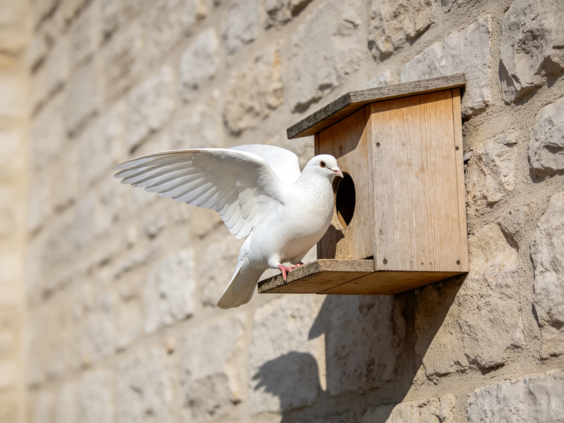 A white dove landing at a wooden birdhouse on stone wall