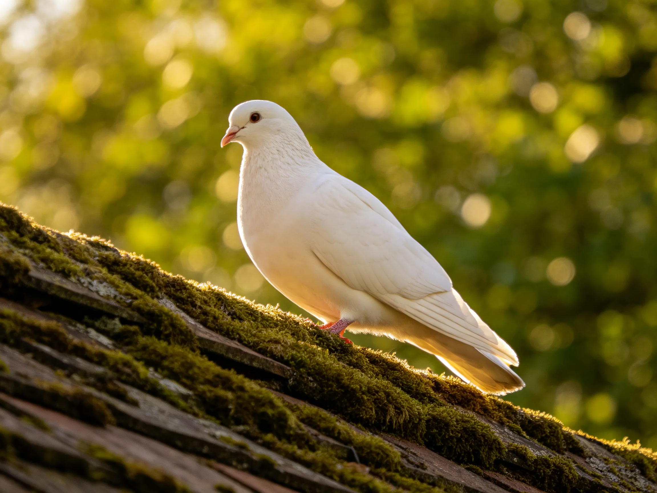 A white dove perched on a mossy rooftop under golden sunlight