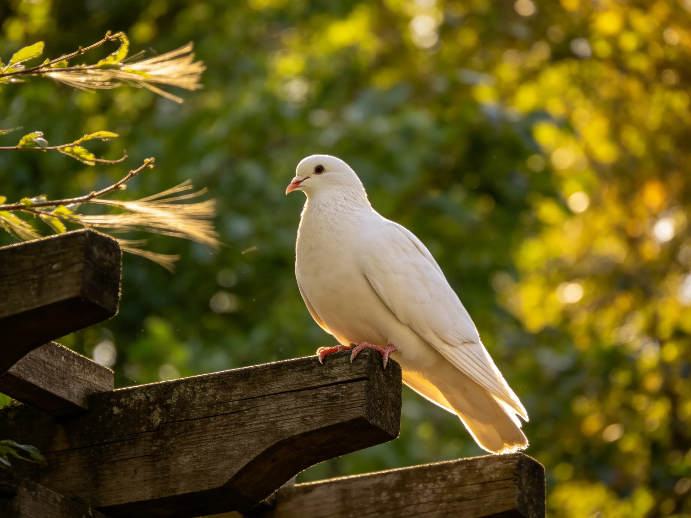 A white dove perches on a rustic wooden structure amid sunlit green foliage