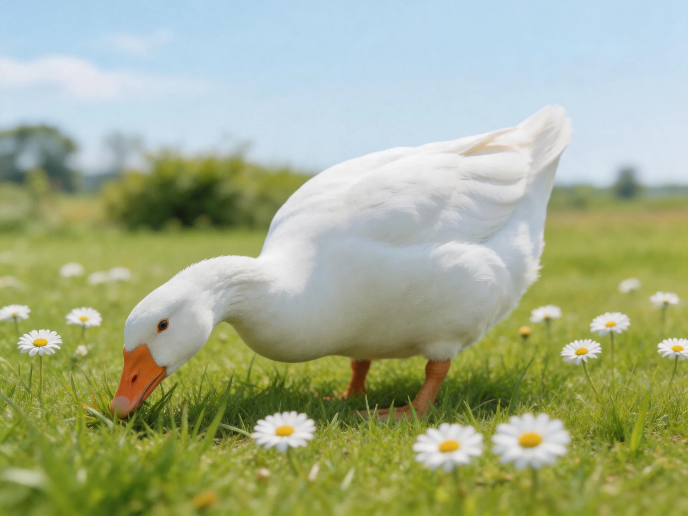 A white duck forages among daisies in a sunny meadow