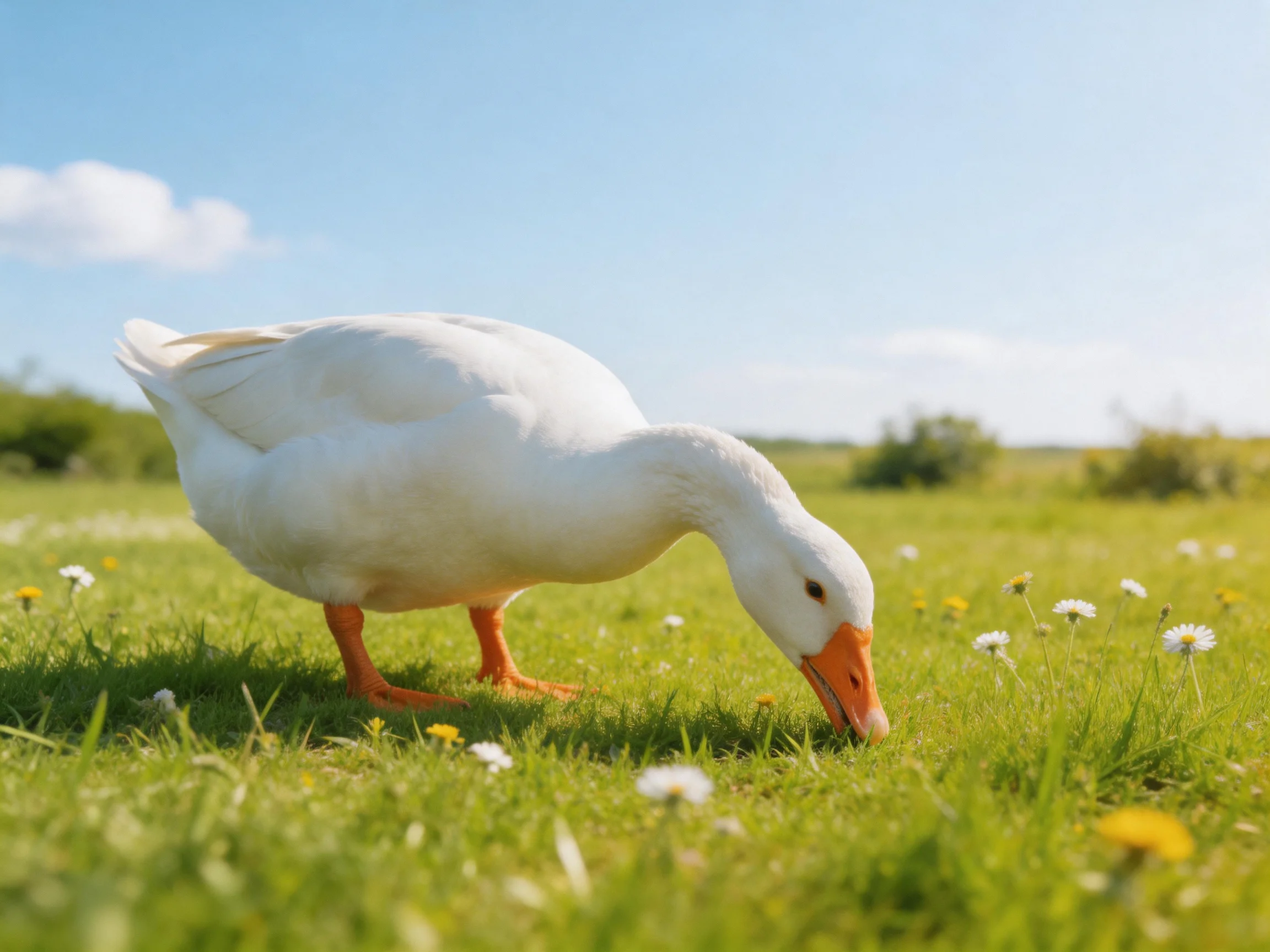 A white duck forages in a flower-speckled sunny meadow