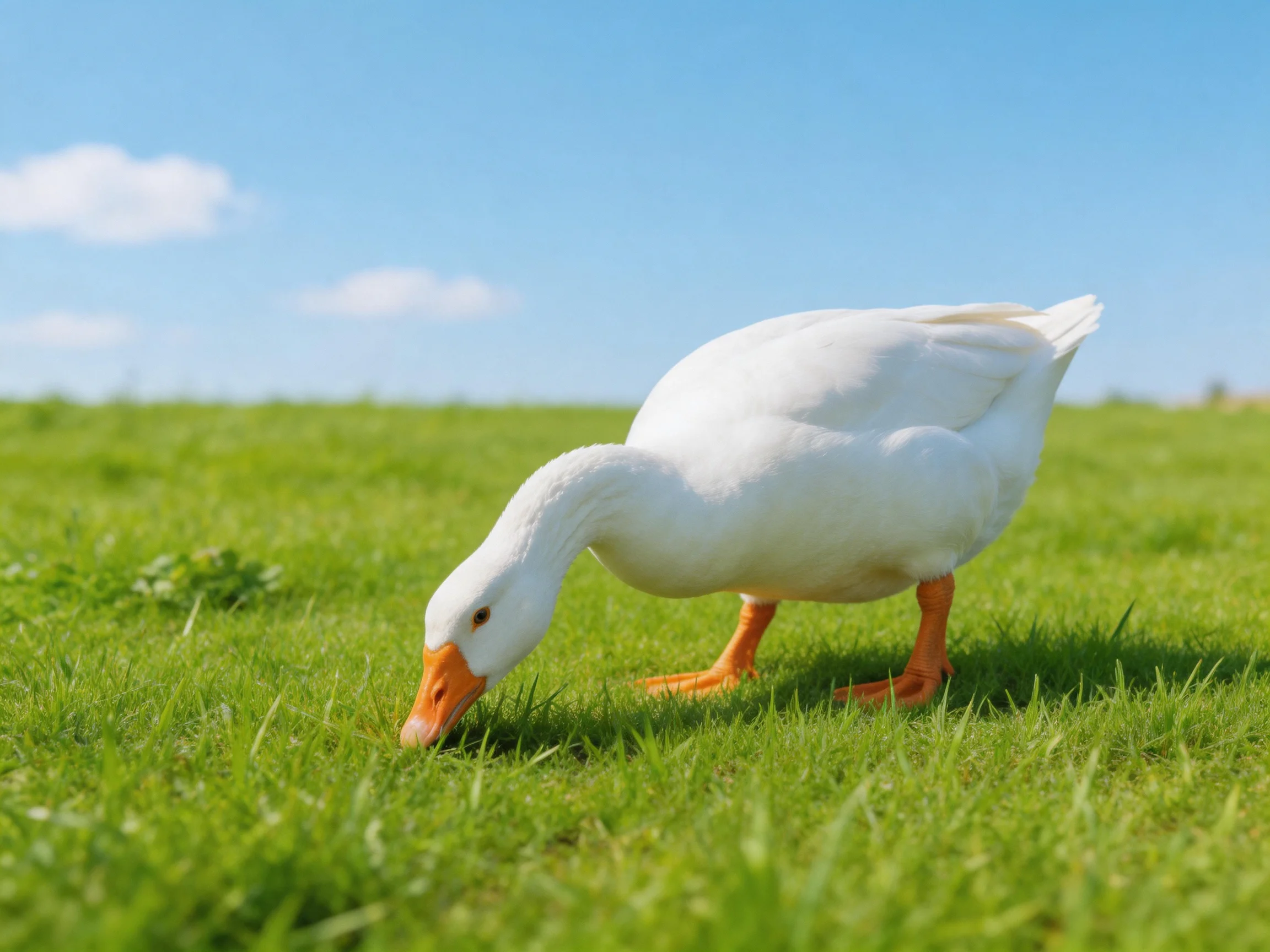 A white duck forages in a lush green meadow under a clear blue sky