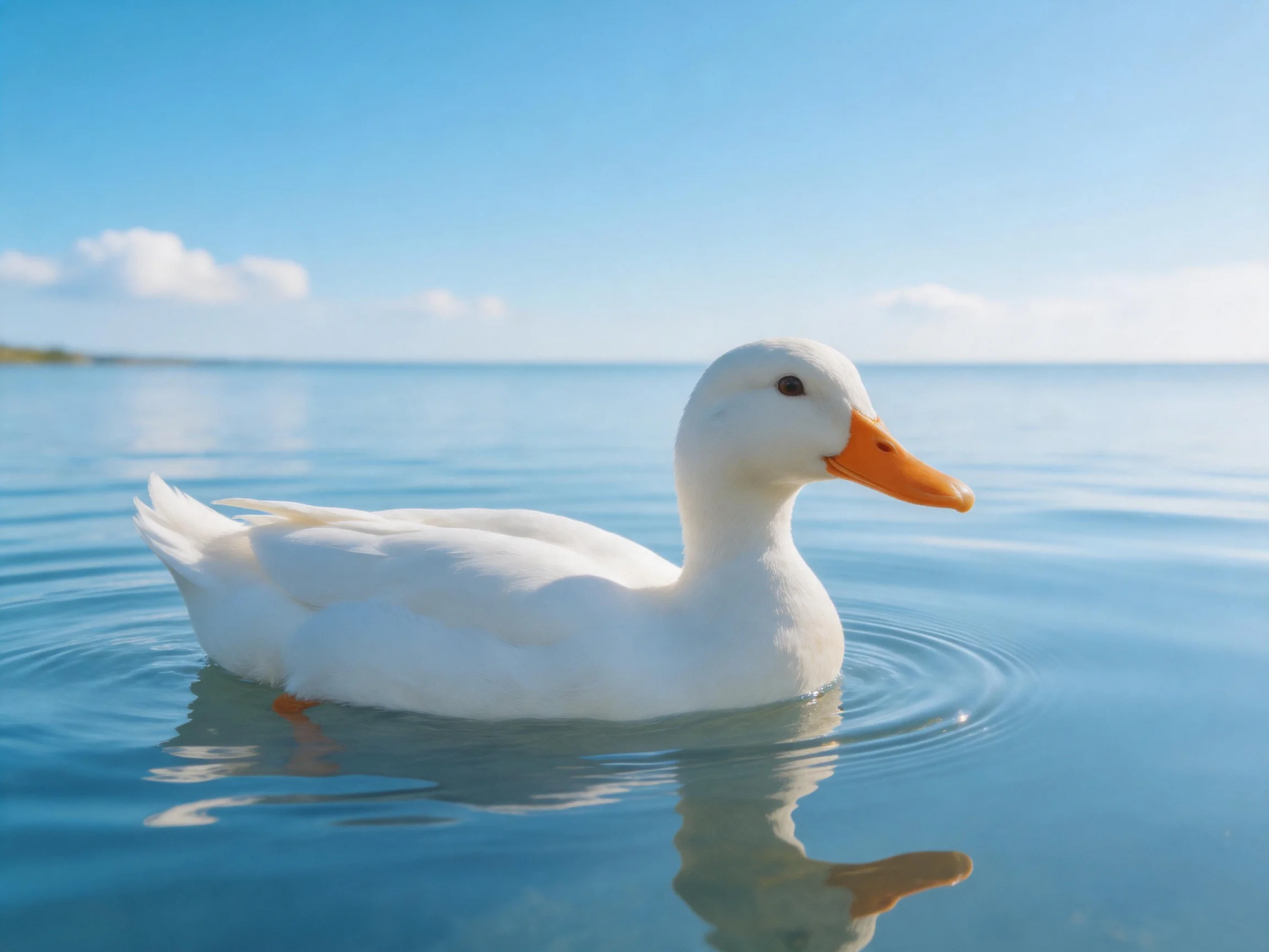 A white duck glides across serene blue water beneath a clear sky