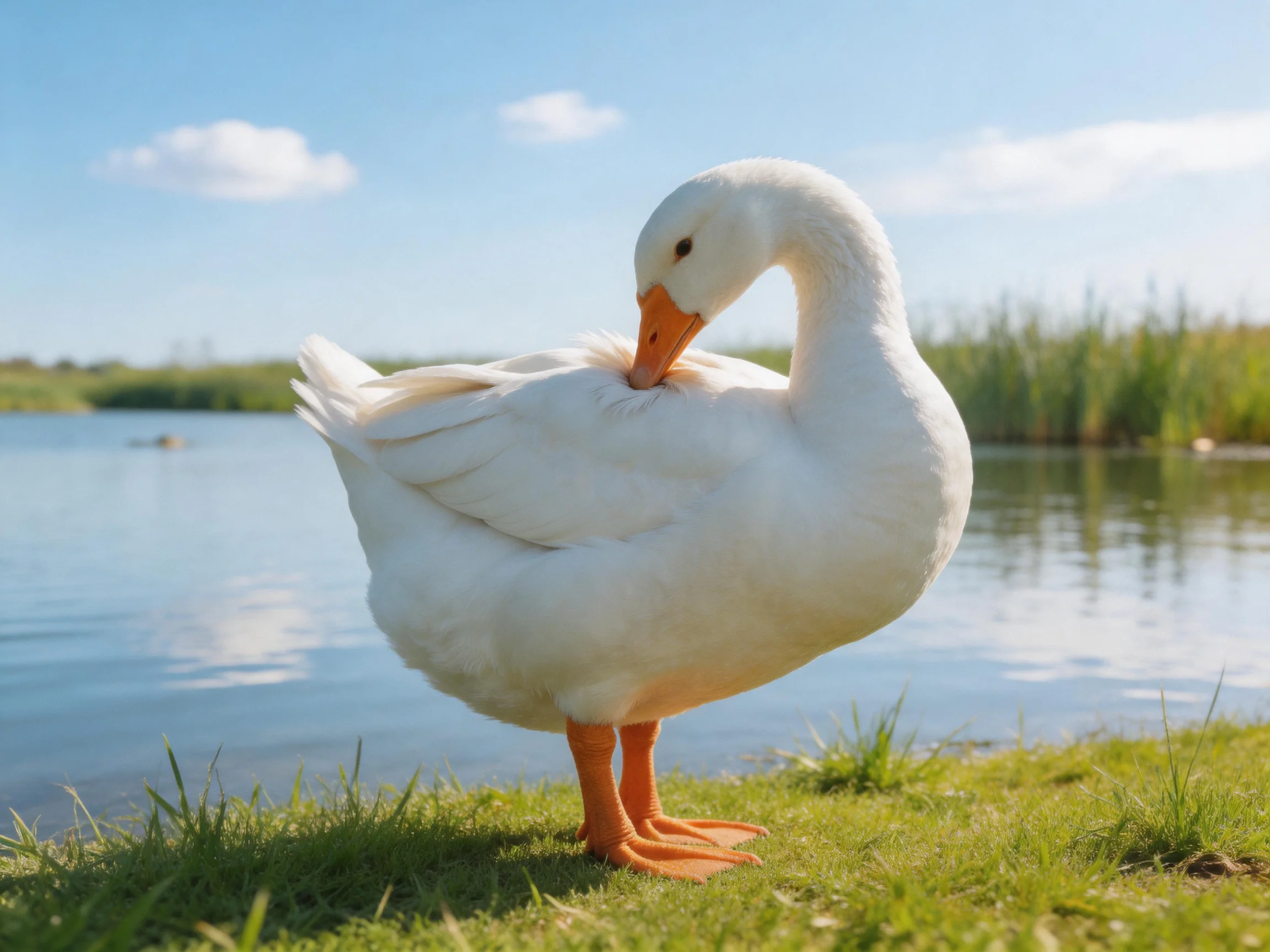 A white duck preening by a calm lake with green reeds