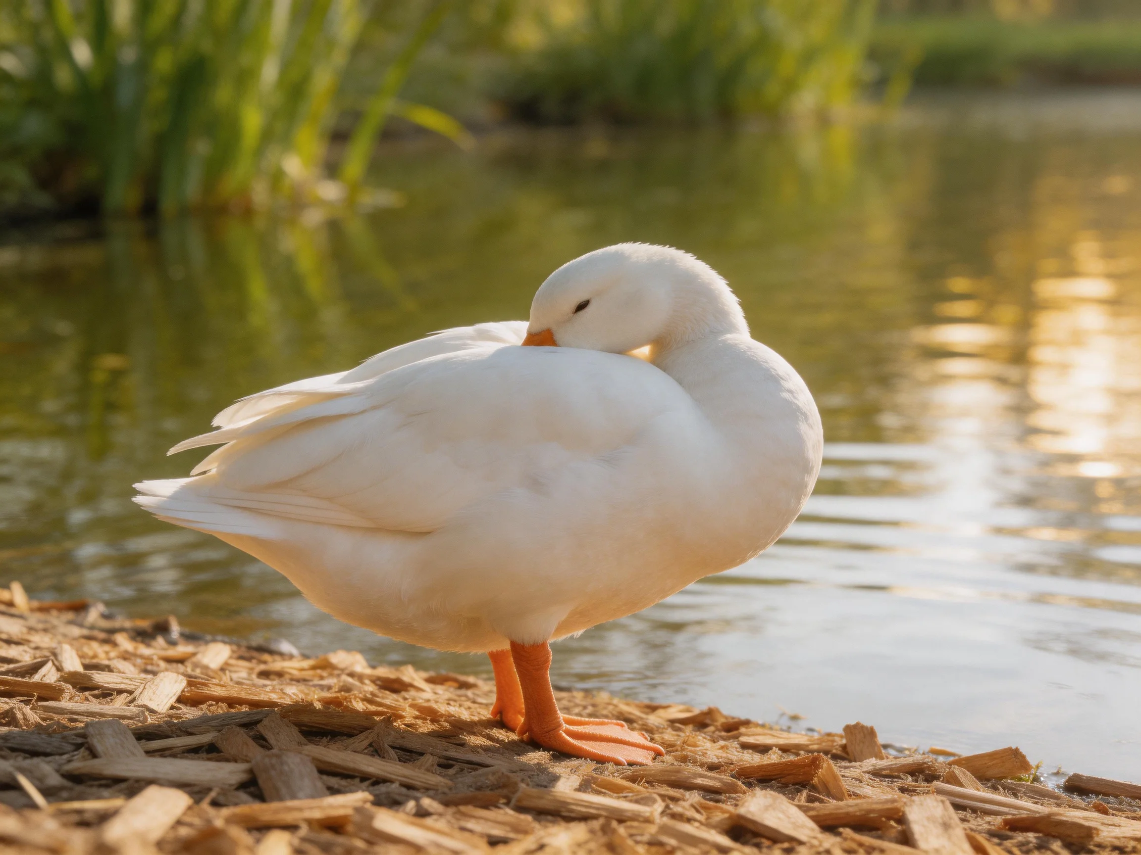 A white duck preening by a calm pond with golden sunlight