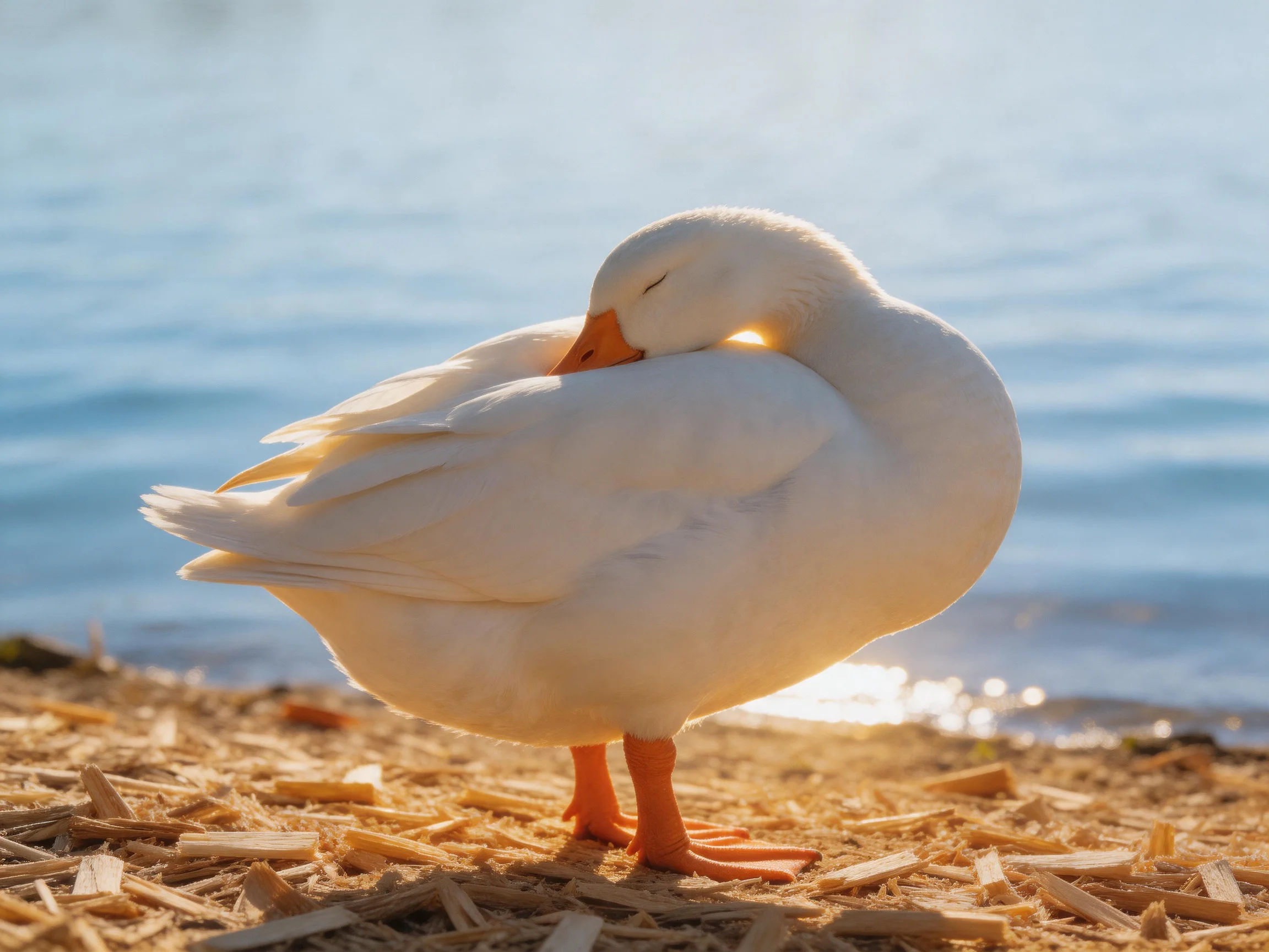 A white duck preens near calm blue water on a wood-chip shore