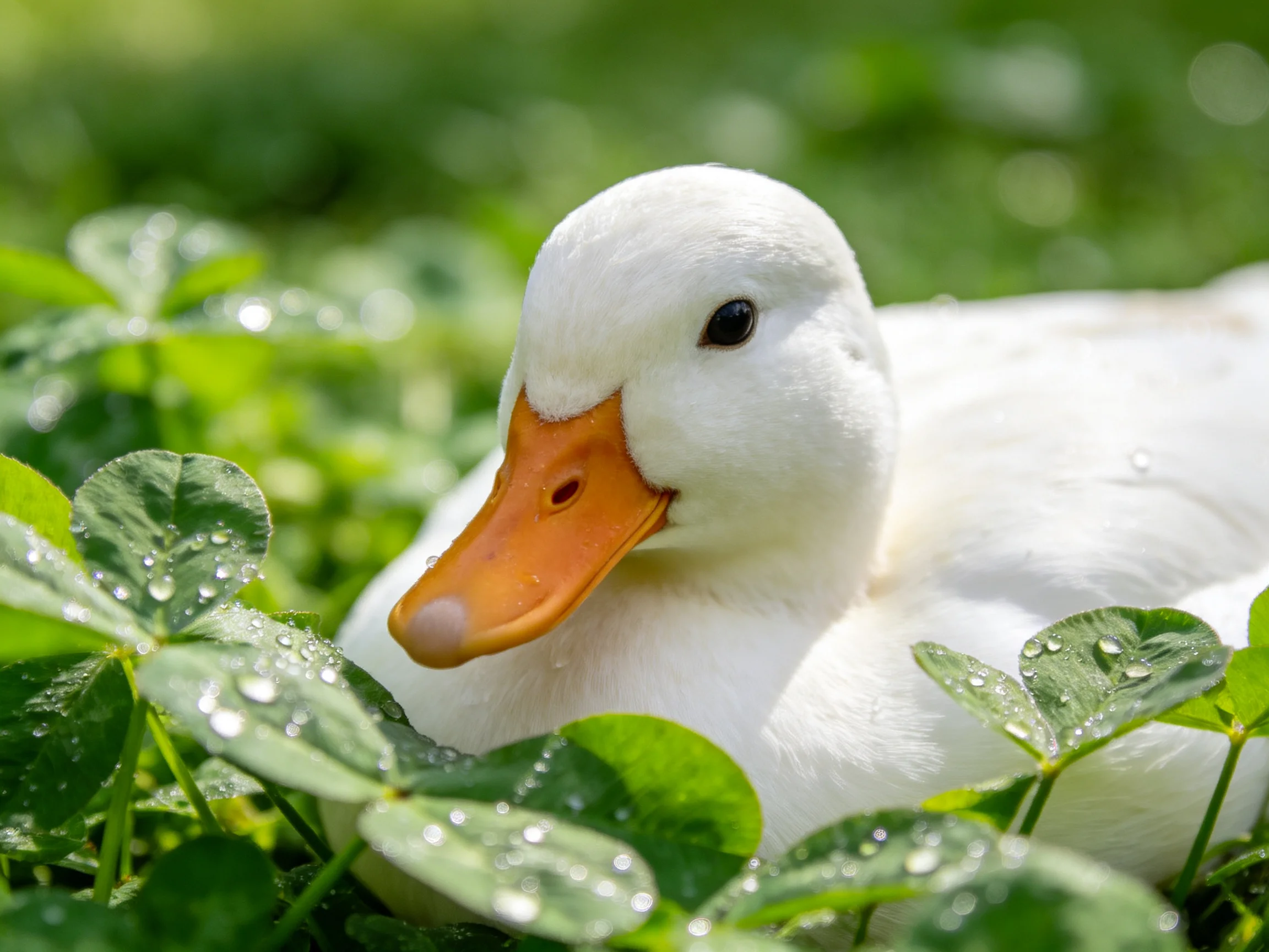 A white duck rests amid vibrant green clover with glistening dewdrops