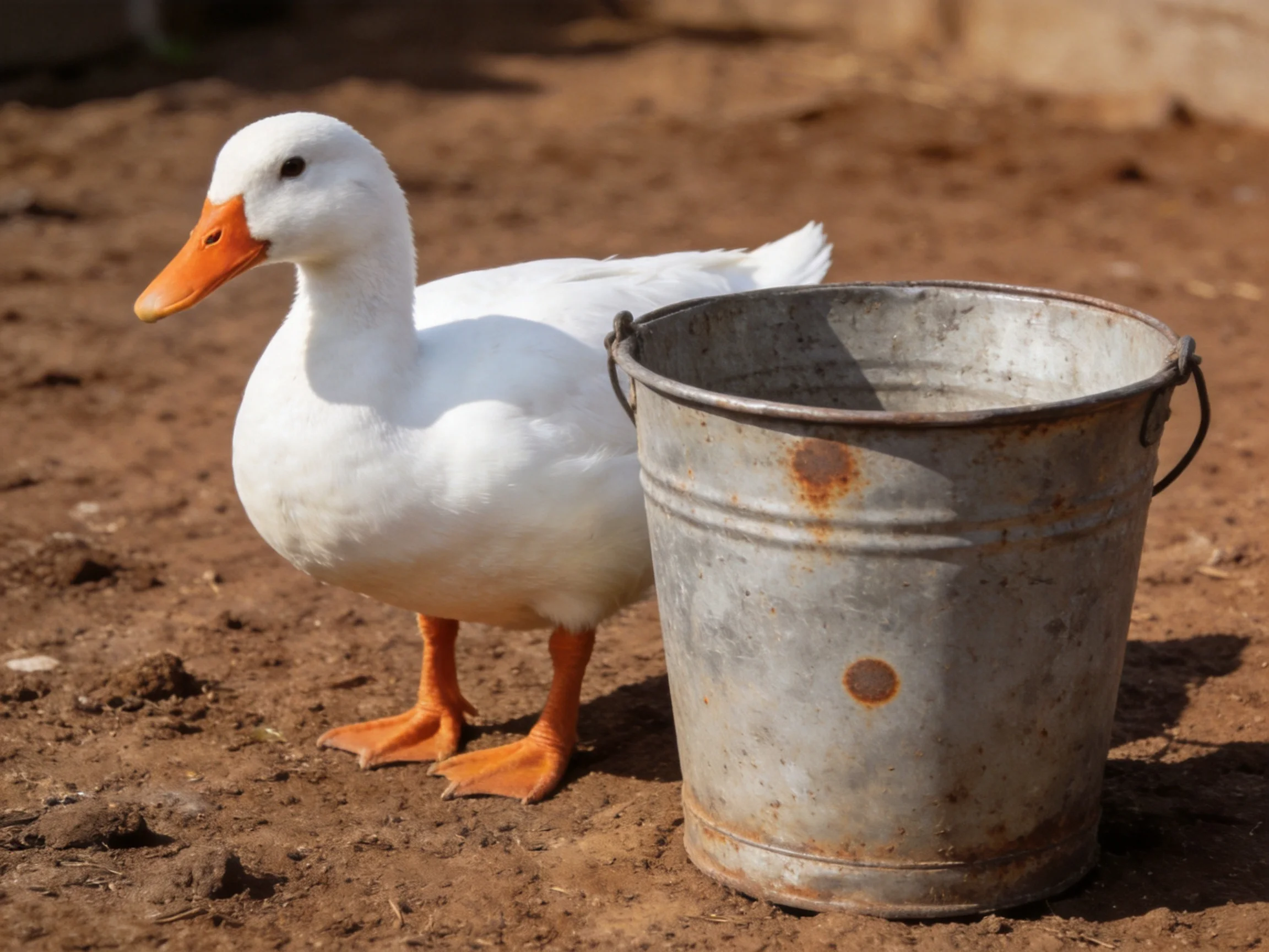 A white duck stands beside a rusty metal bucket on brown soil