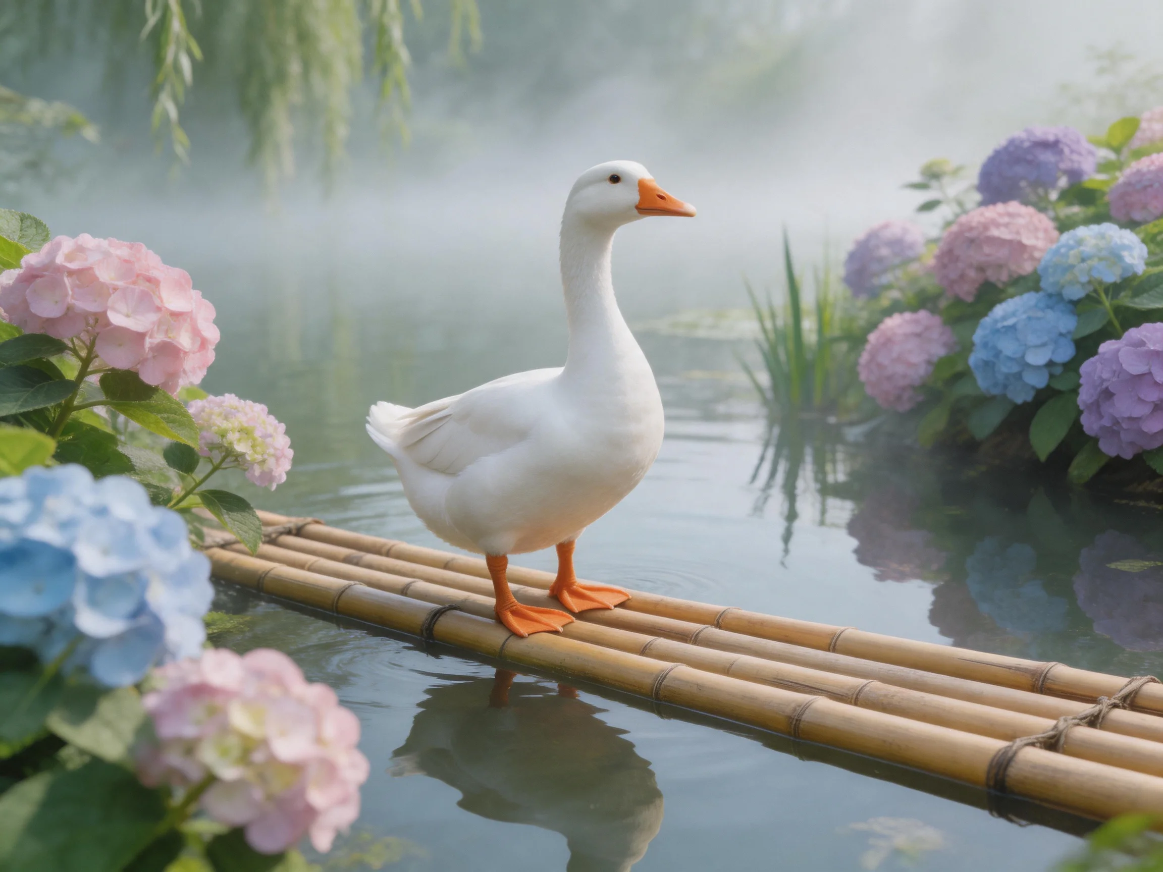 A white duck stands on bamboo poles among colorful hydrangeas by tranquil water