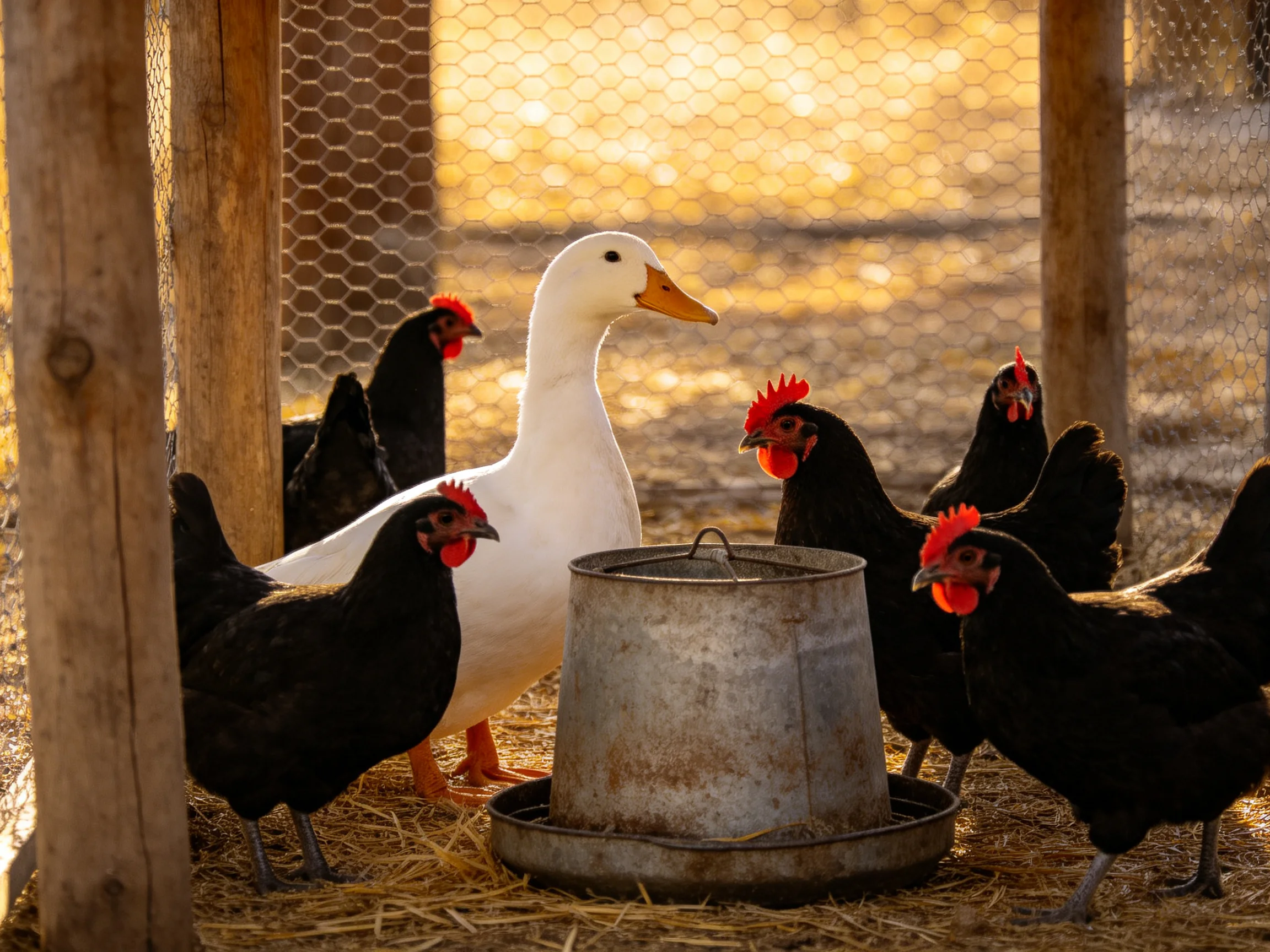 A white duck surrounded by black chickens near a metal feeder in a fenced enclosure