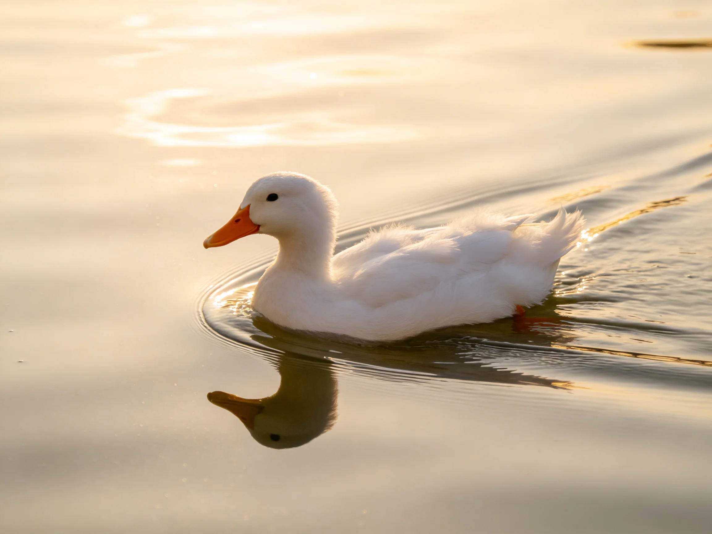 A white duck swimming on calm water with golden reflections