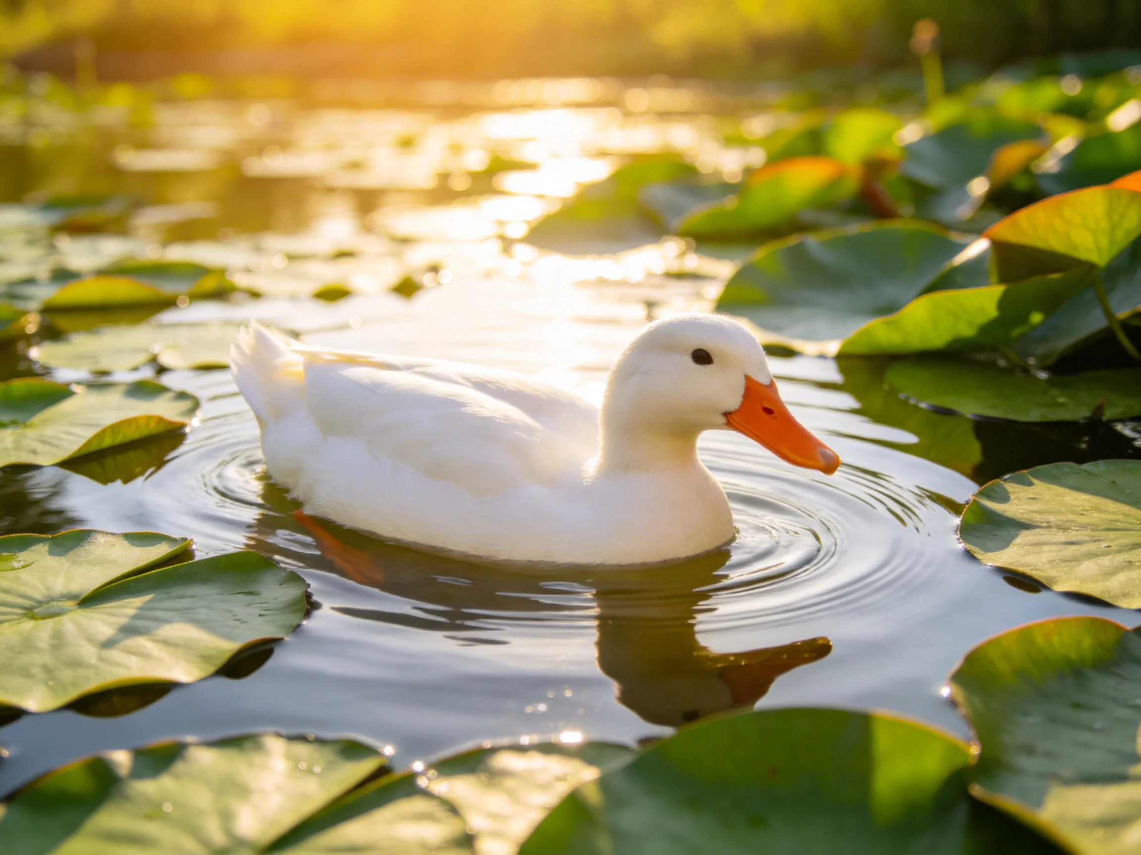 A white duck swims among green lily pads in golden sunlight