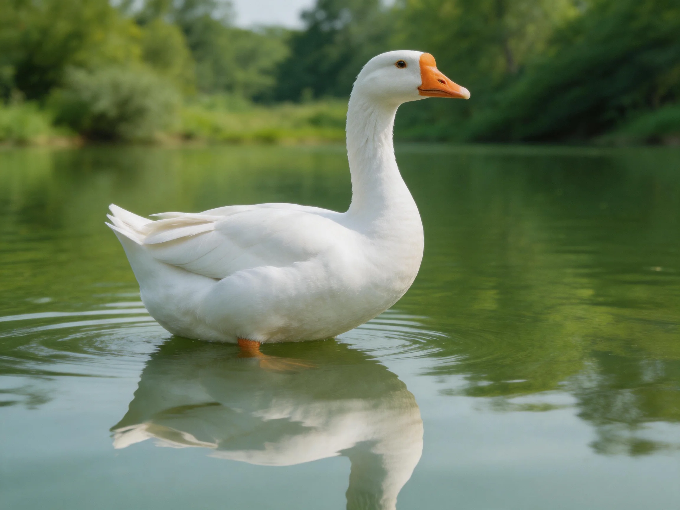 A white duck swims in calm green water near lush trees