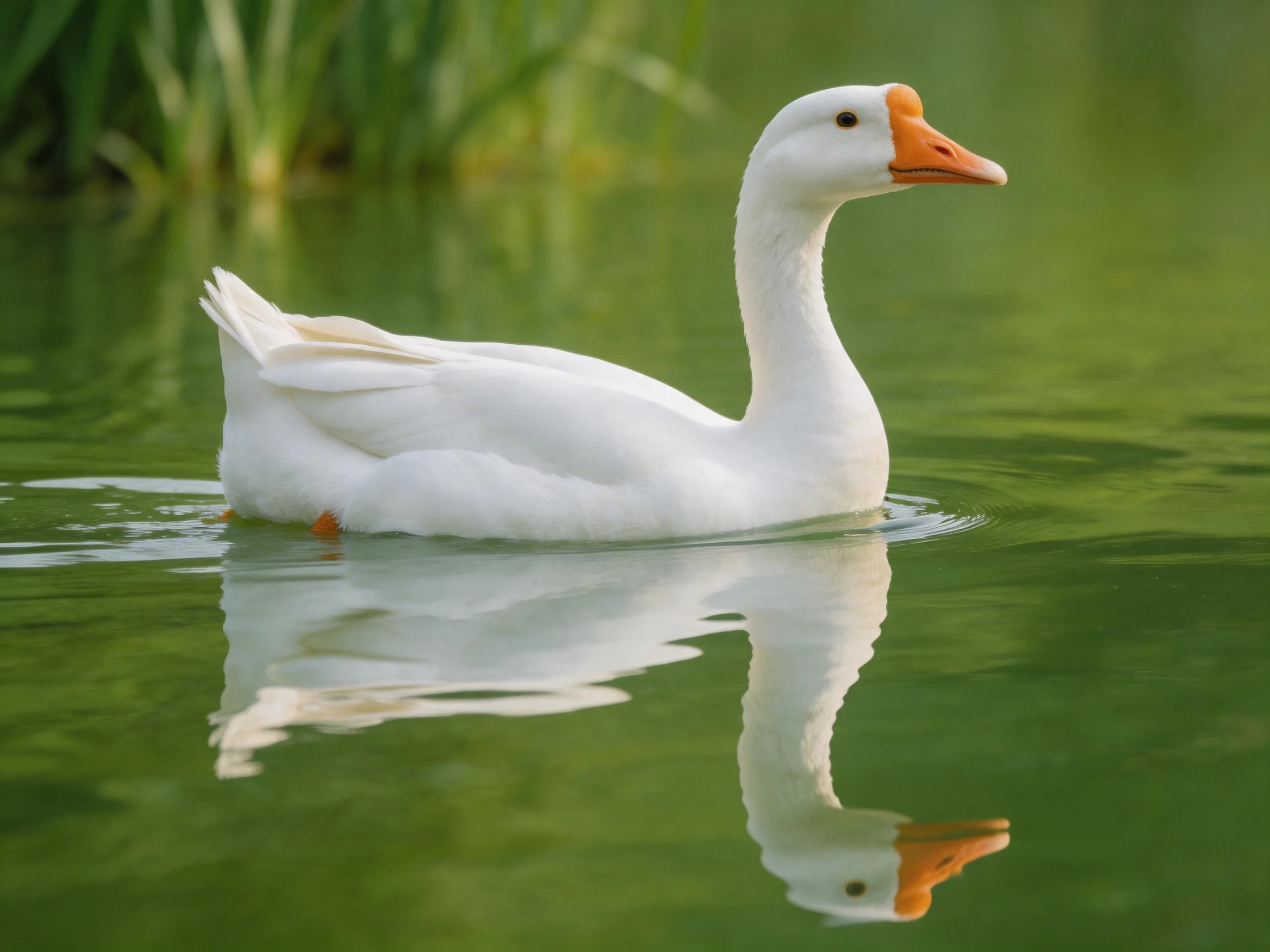A white duck swims in calm green water with a clear reflection