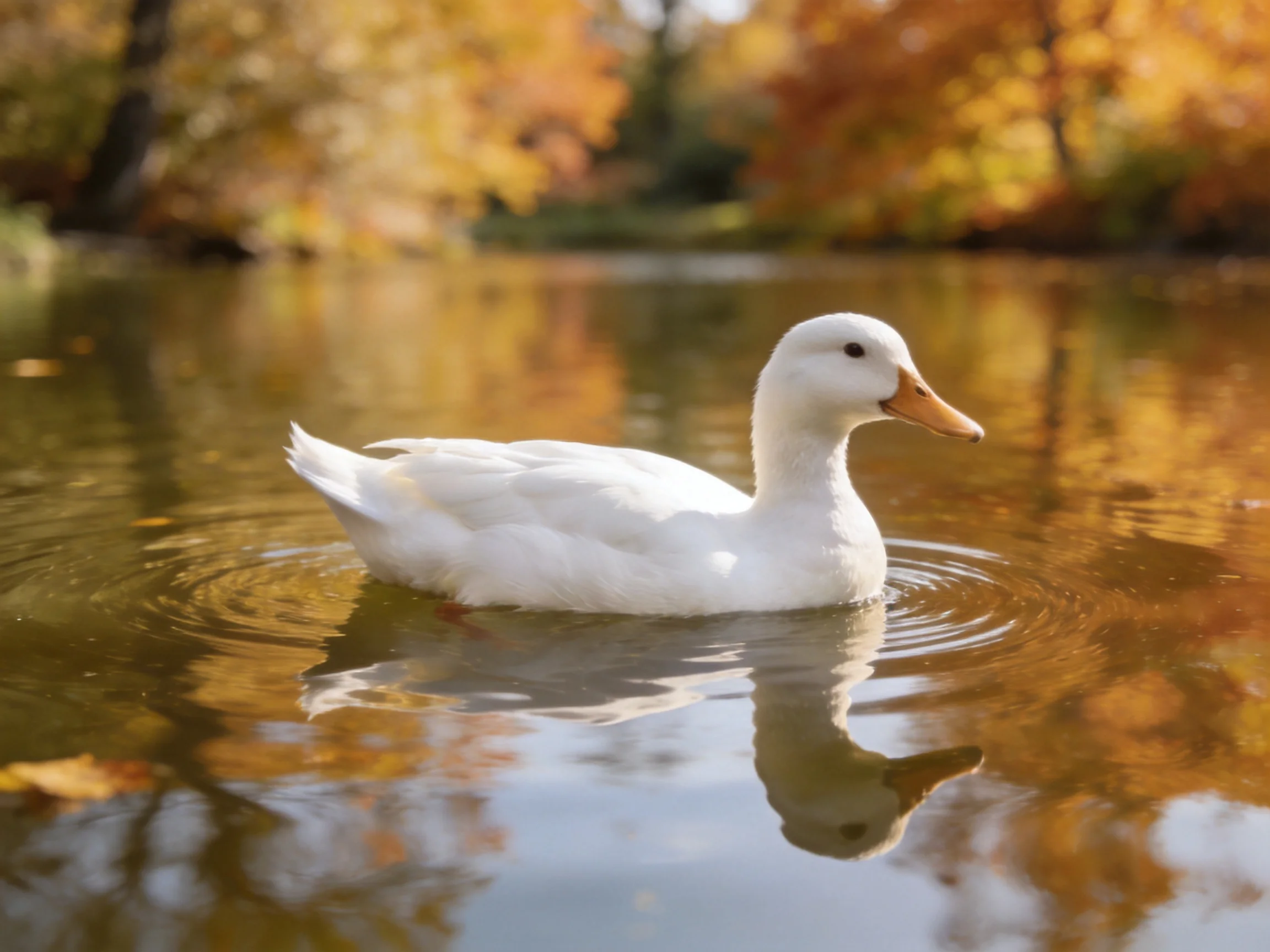 A white duck swims in calm water near golden autumn foliage