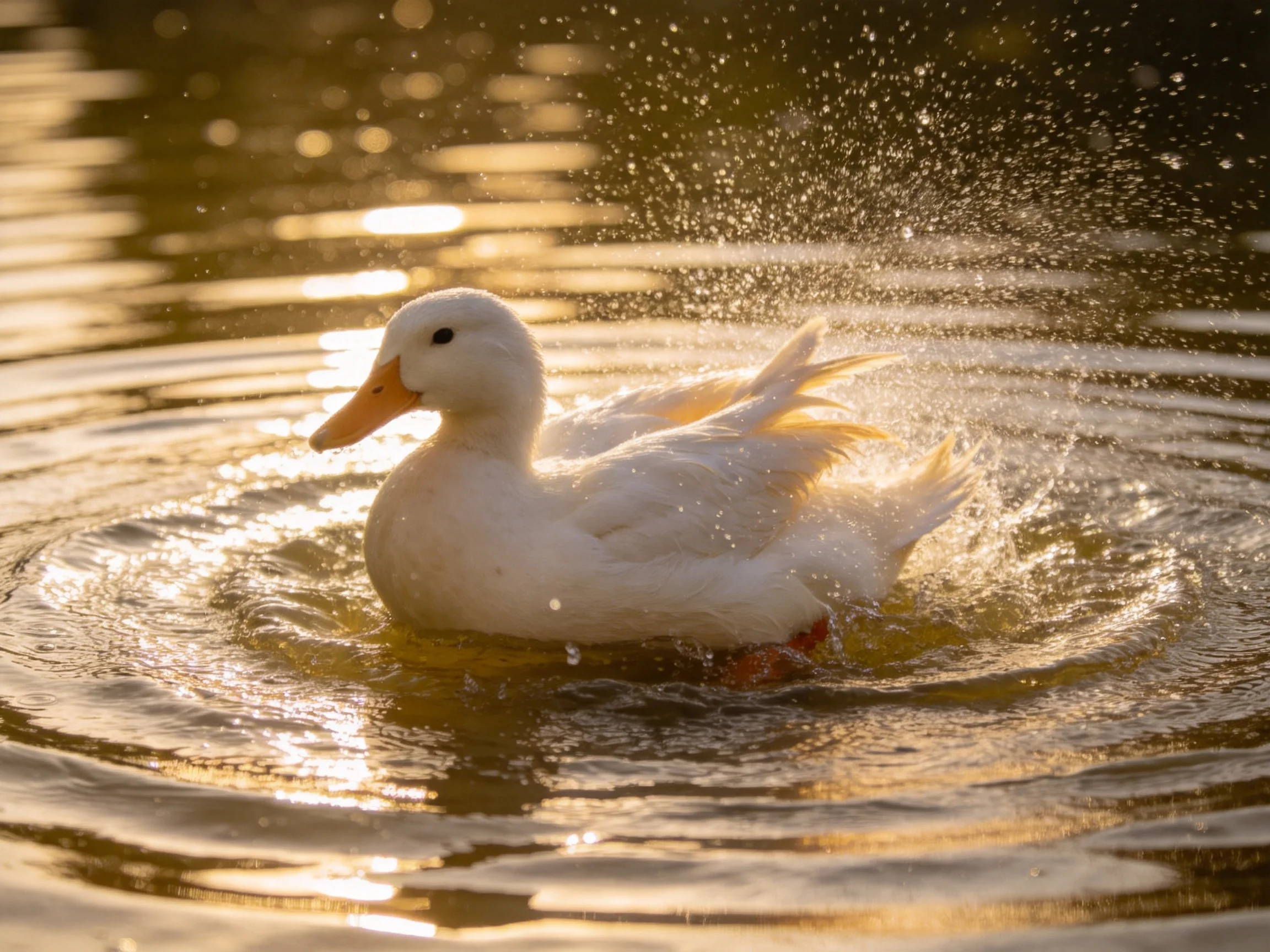 A white duck swims in golden water with splashing droplets