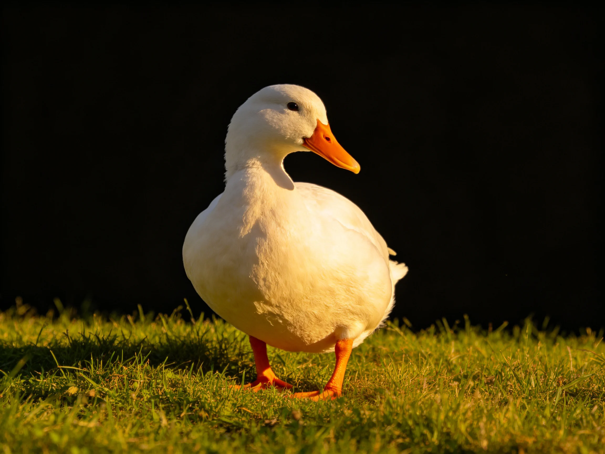 A white duck with an orange beak stands on lush green grass against a dark backdrop