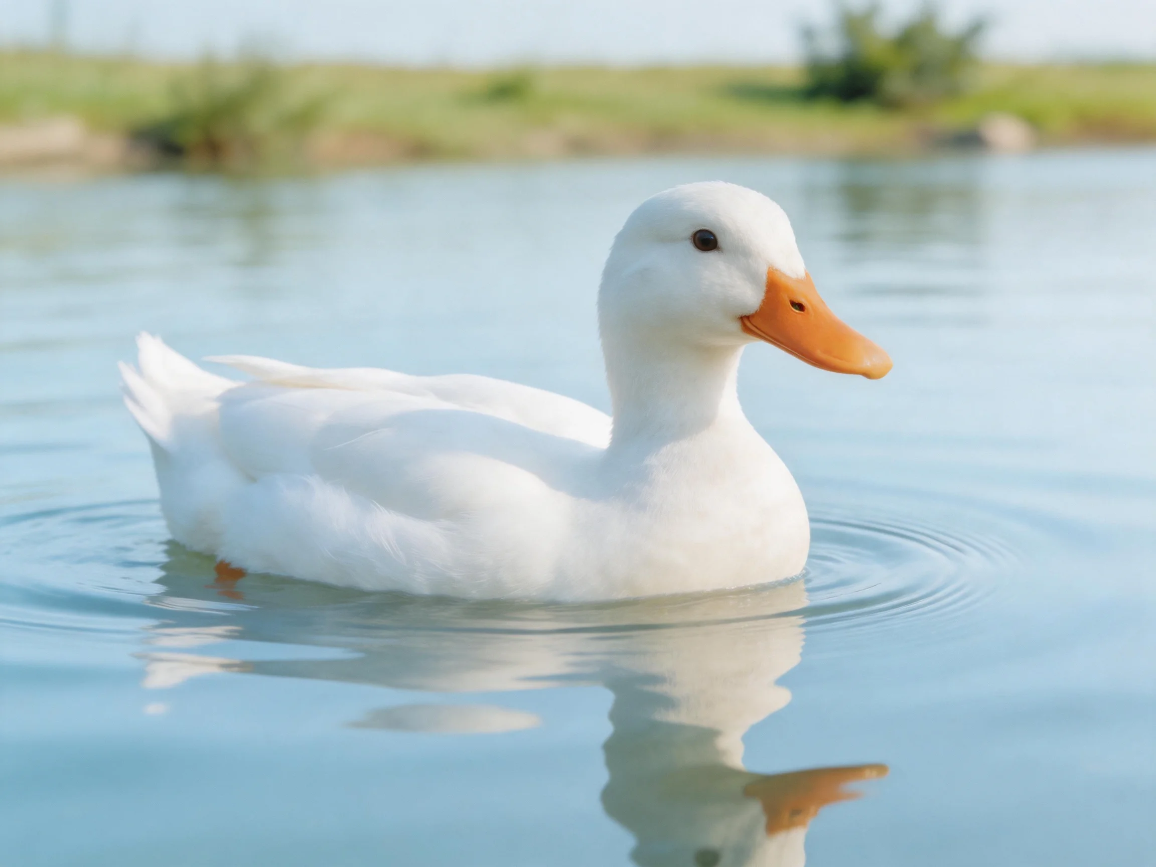 A white duck with an orange beak swims in calm blue water near green landscape
