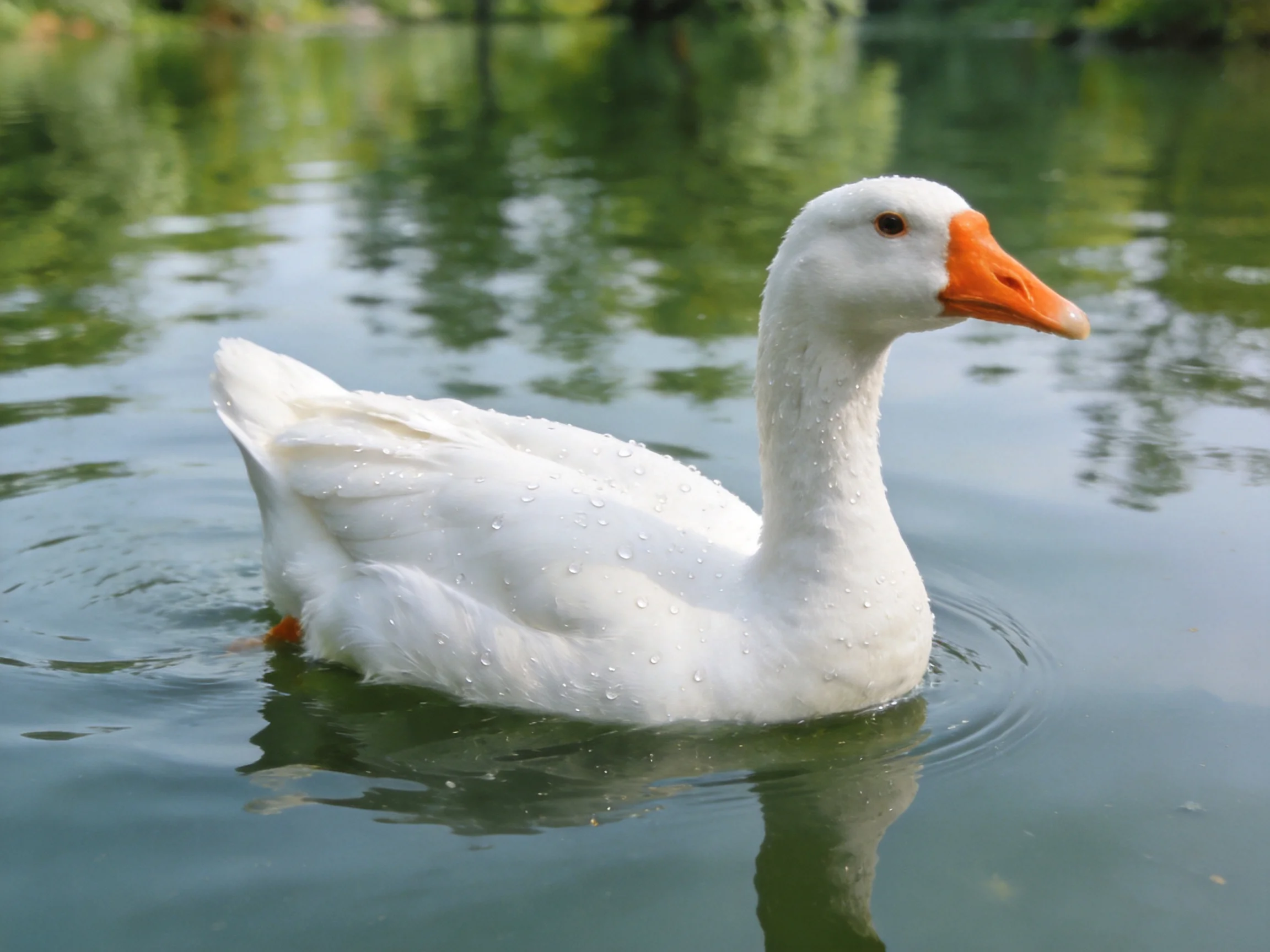 A white duck with an orange beak swims in calm green water