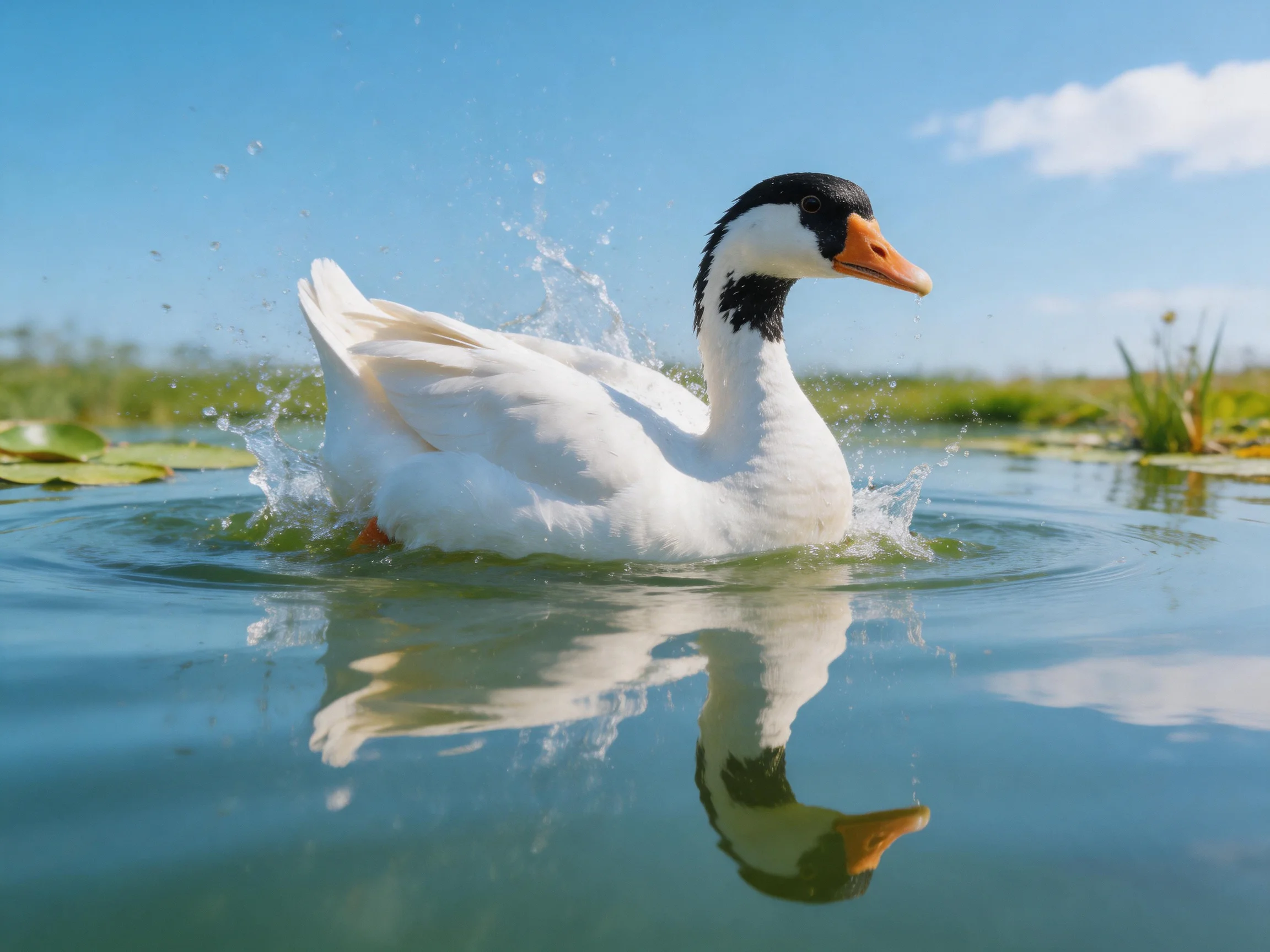A white duck with black markings splashing in calm water
