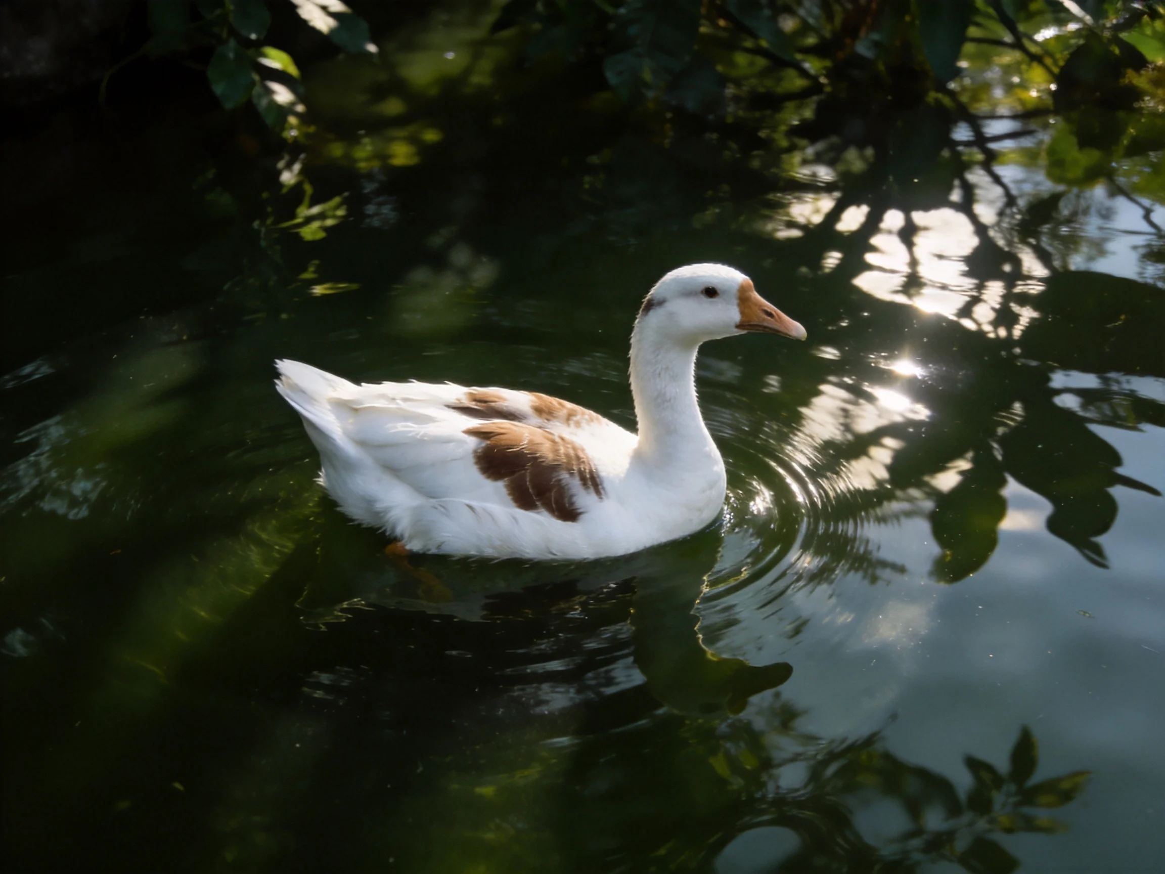 A white duck with brown patches swims in calm water near greenery