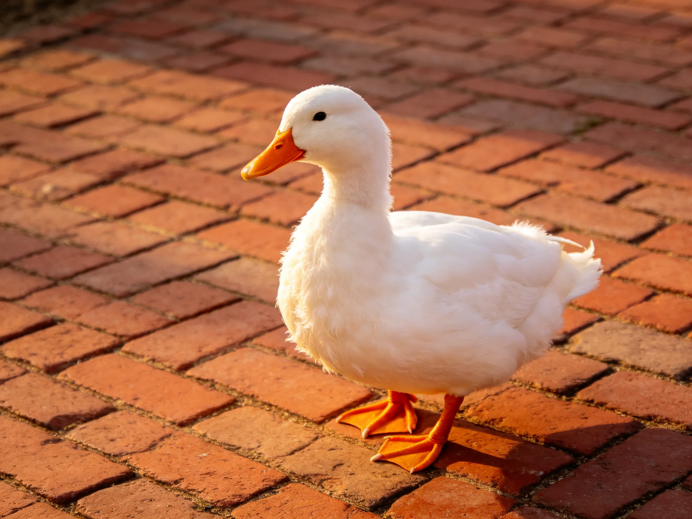 A white duck with orange beak and feet on a reddish-brown brick pavement