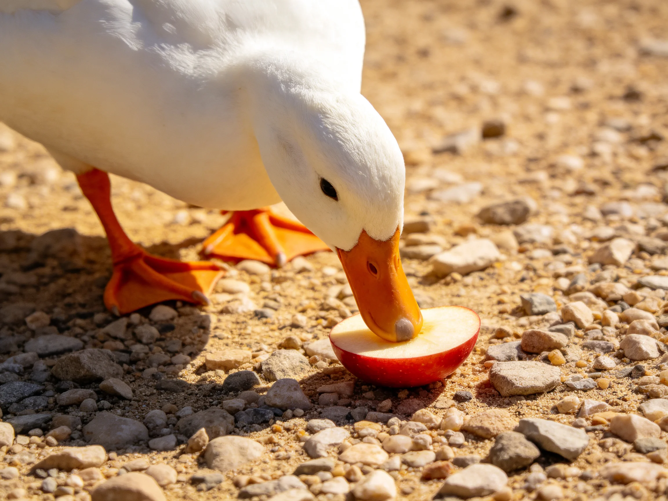 A white duck with orange feet eats a red apple slice on gravelly ground