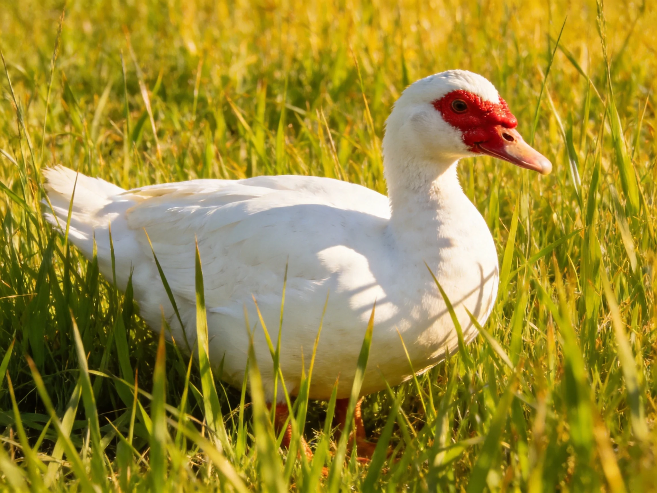 A white duck with red facial markings in tall green grass