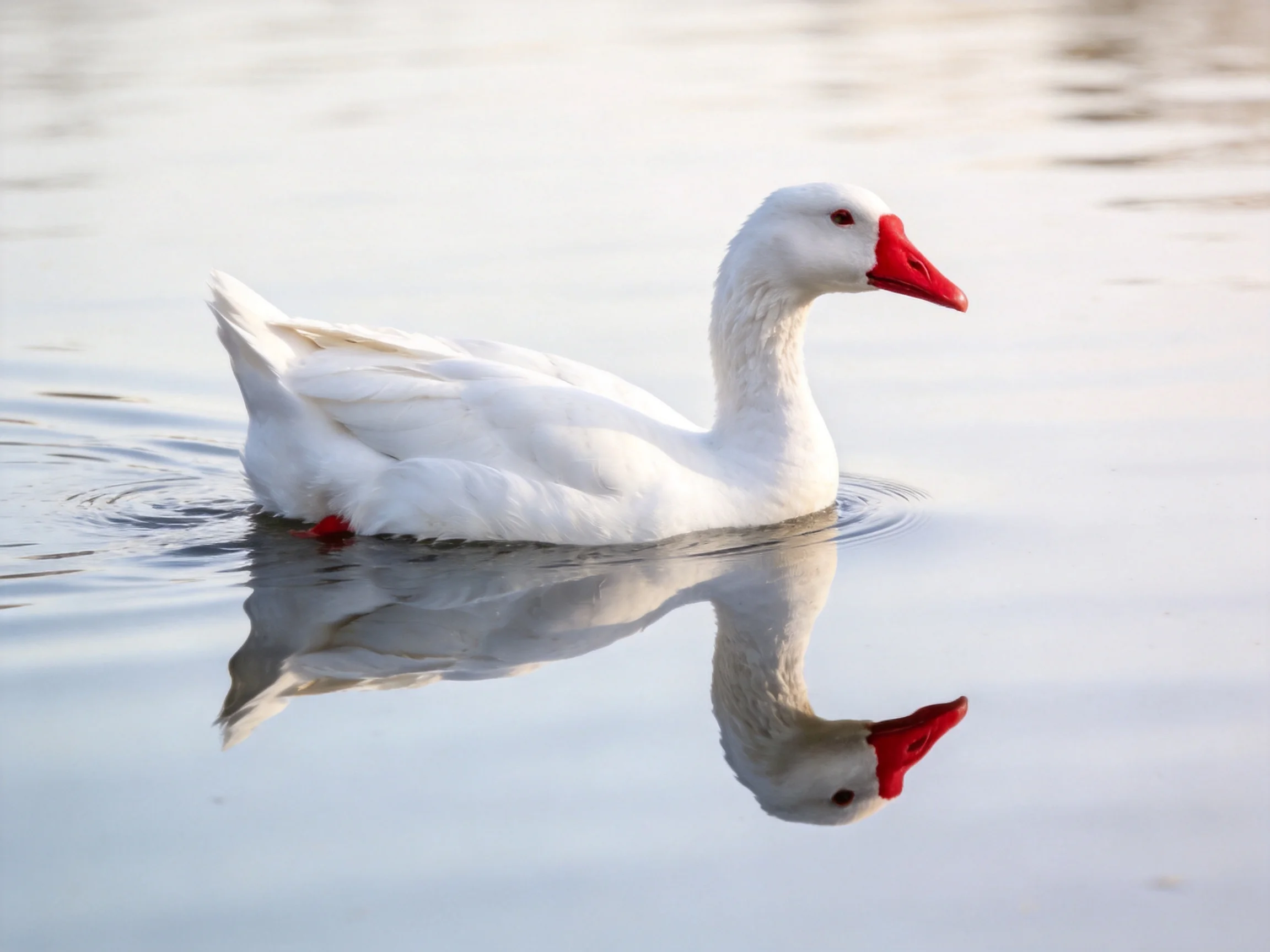 A white duck with vibrant red beak swimming on tranquil water
