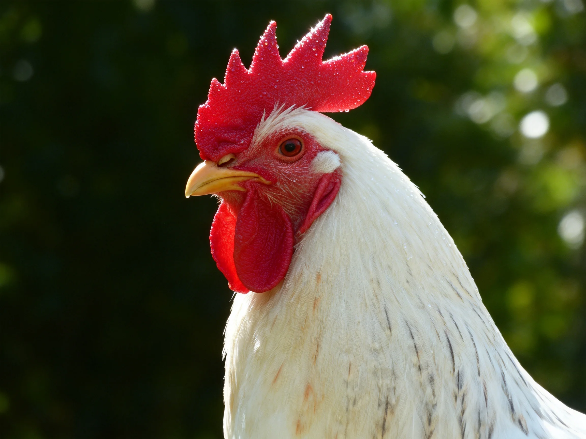 A close-up of a white rooster with bright red comb and wattles set against blurred green foliage.