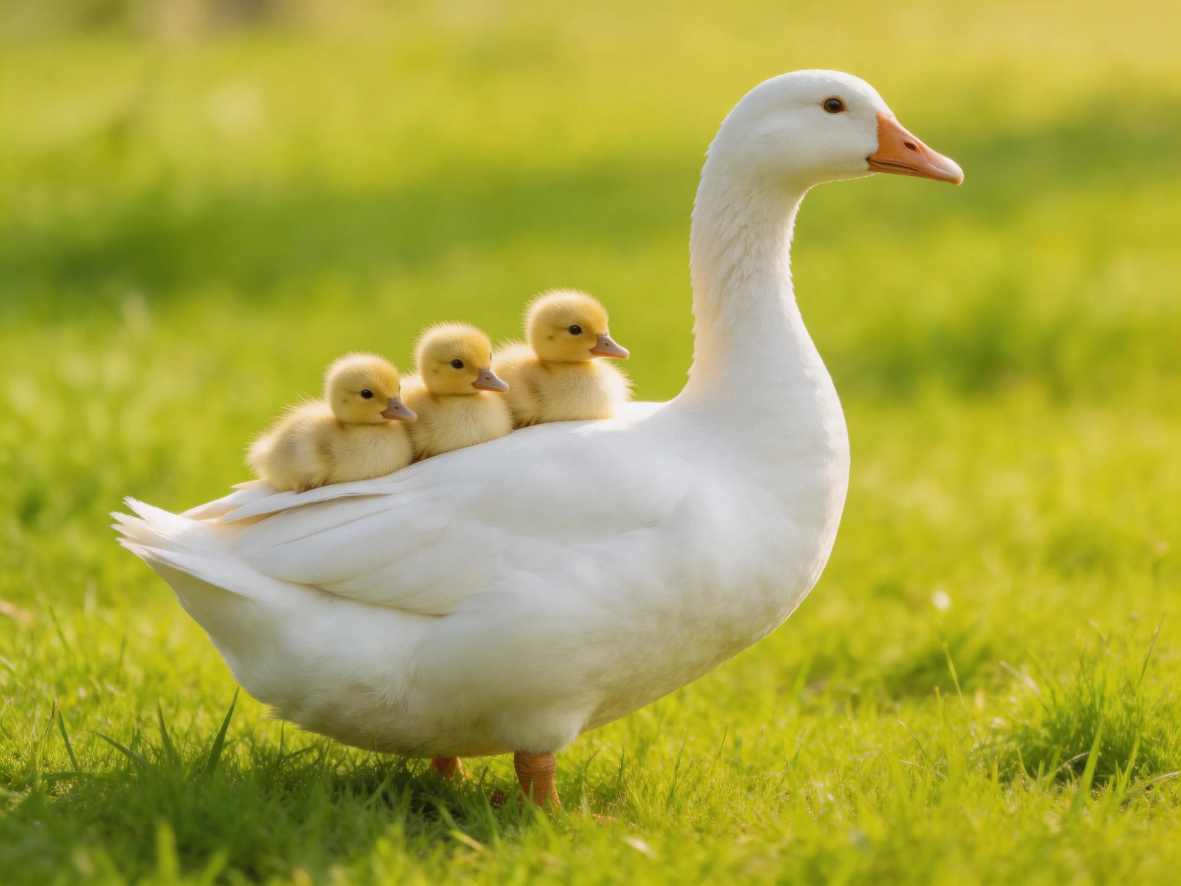 A white goose carrying three yellow ducklings on a lush green meadow