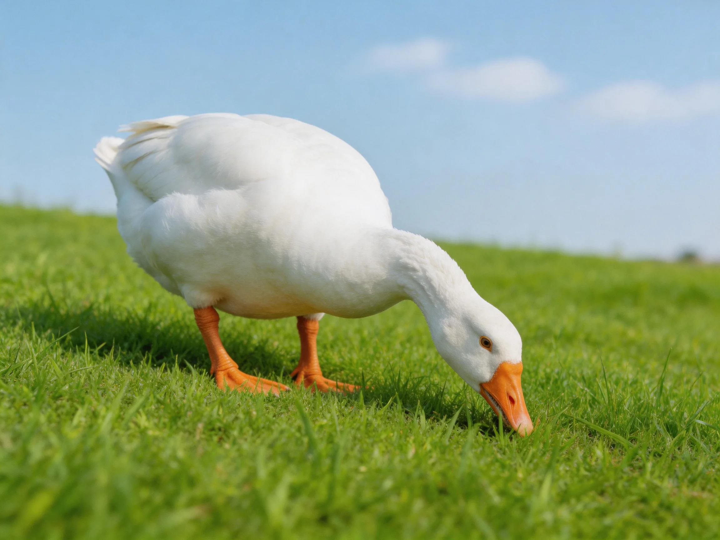 A white goose forages in a lush green meadow under a clear blue sky