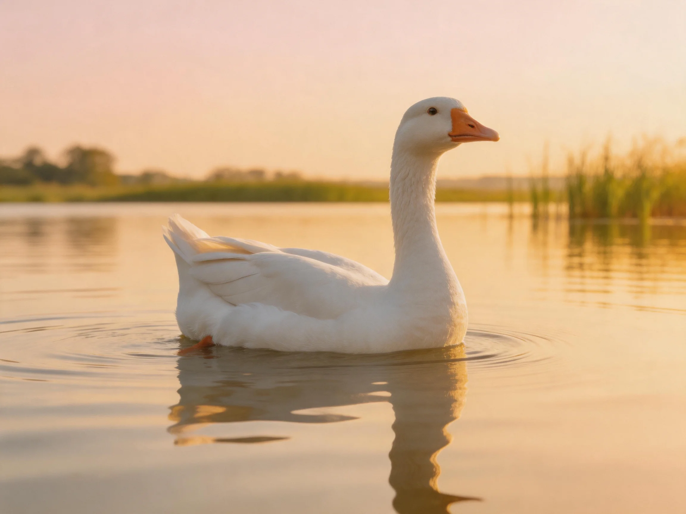 A white goose gliding on calm water at golden hour