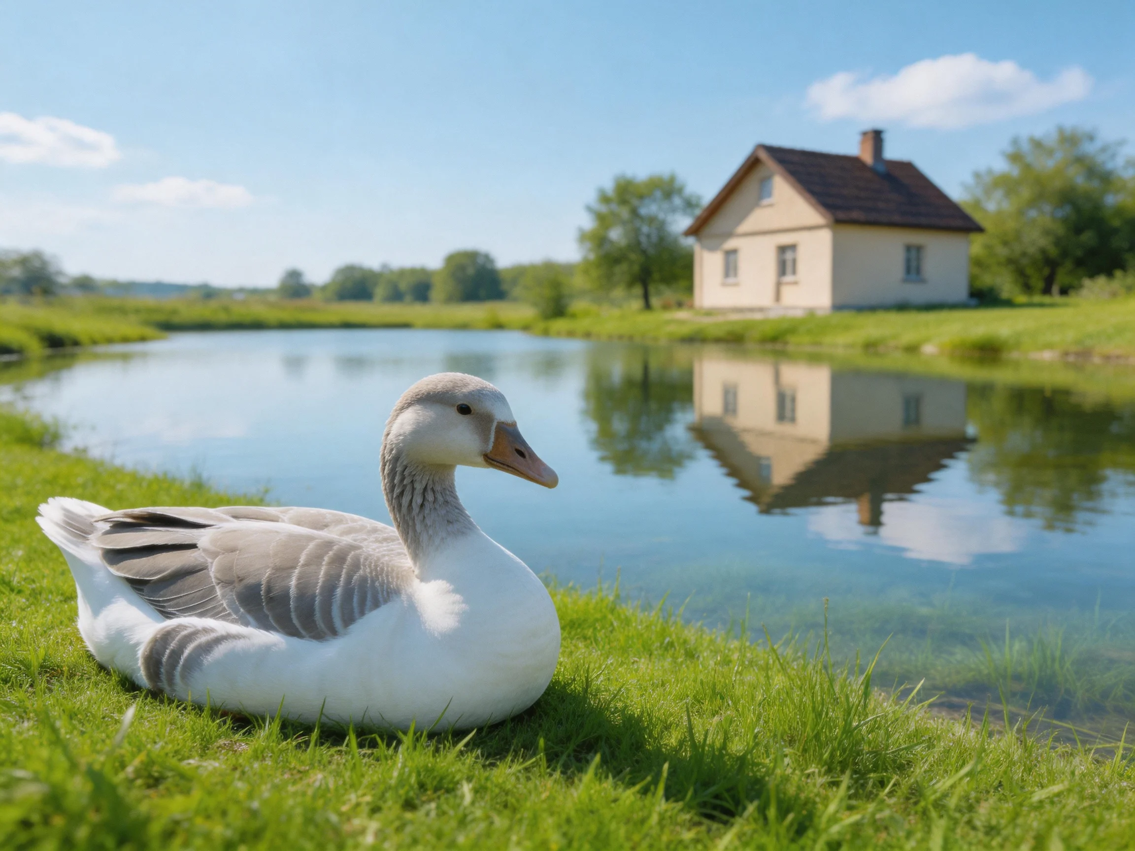 A white goose rests near a calm river with a beige house reflected in water