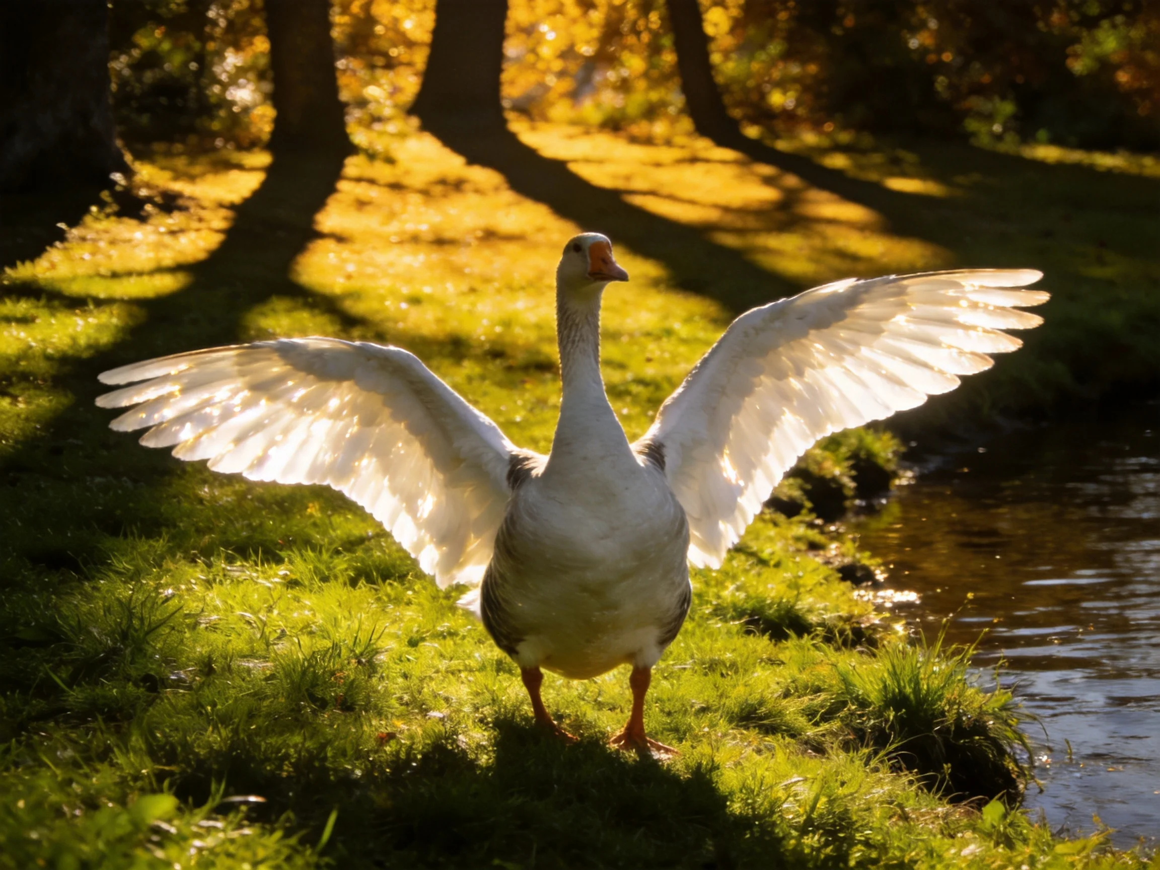 A white goose spreads wings by a sunlit streamside with golden foliage