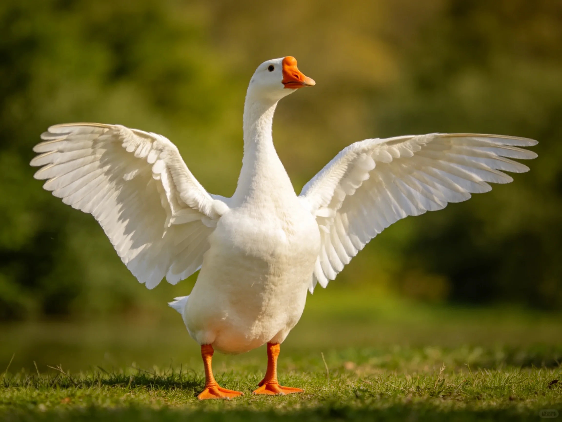 A white goose spreads wings on green grass with orange beak and feet