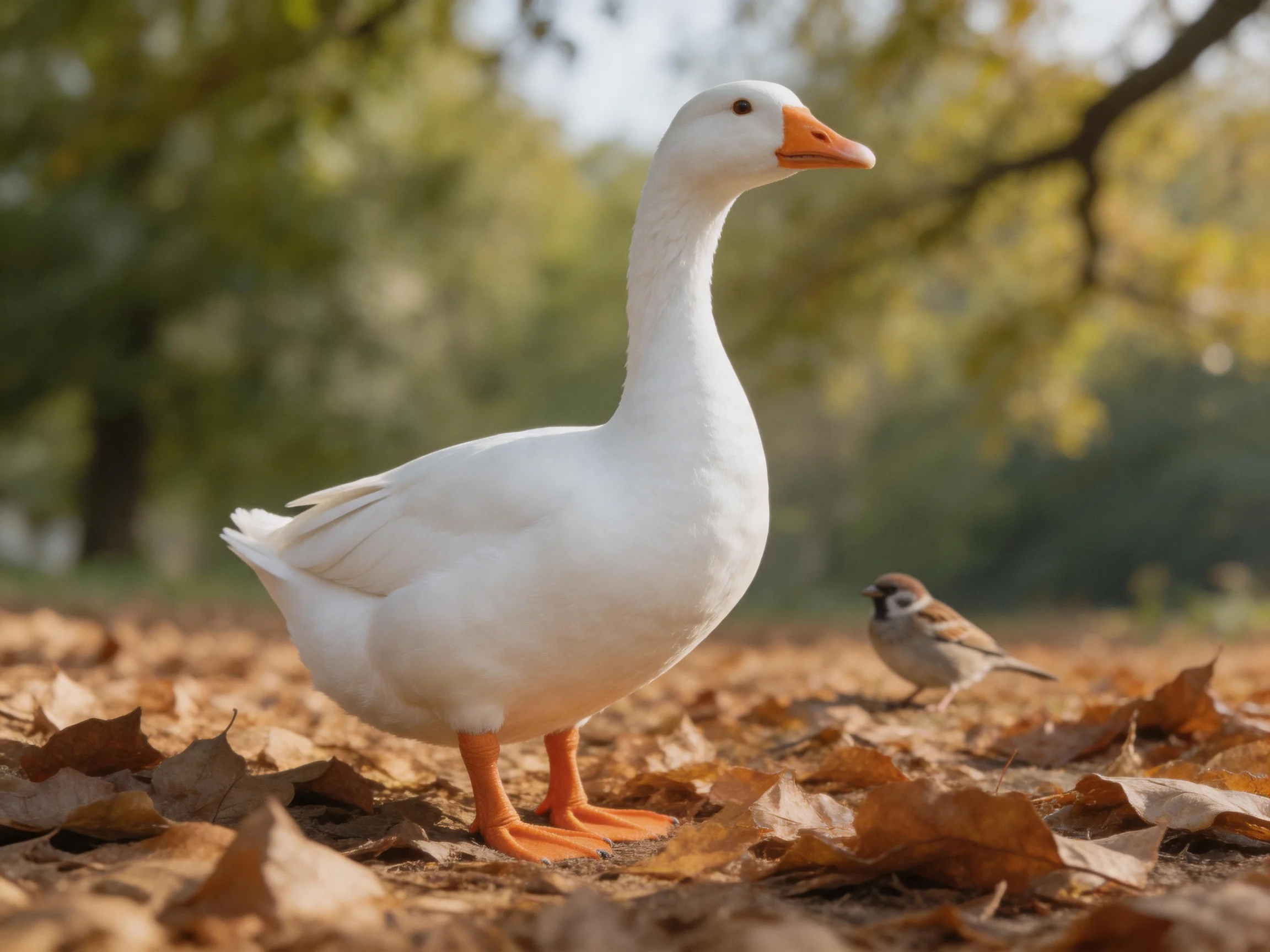 A white goose stands among brown autumn leaves near a small sparrow