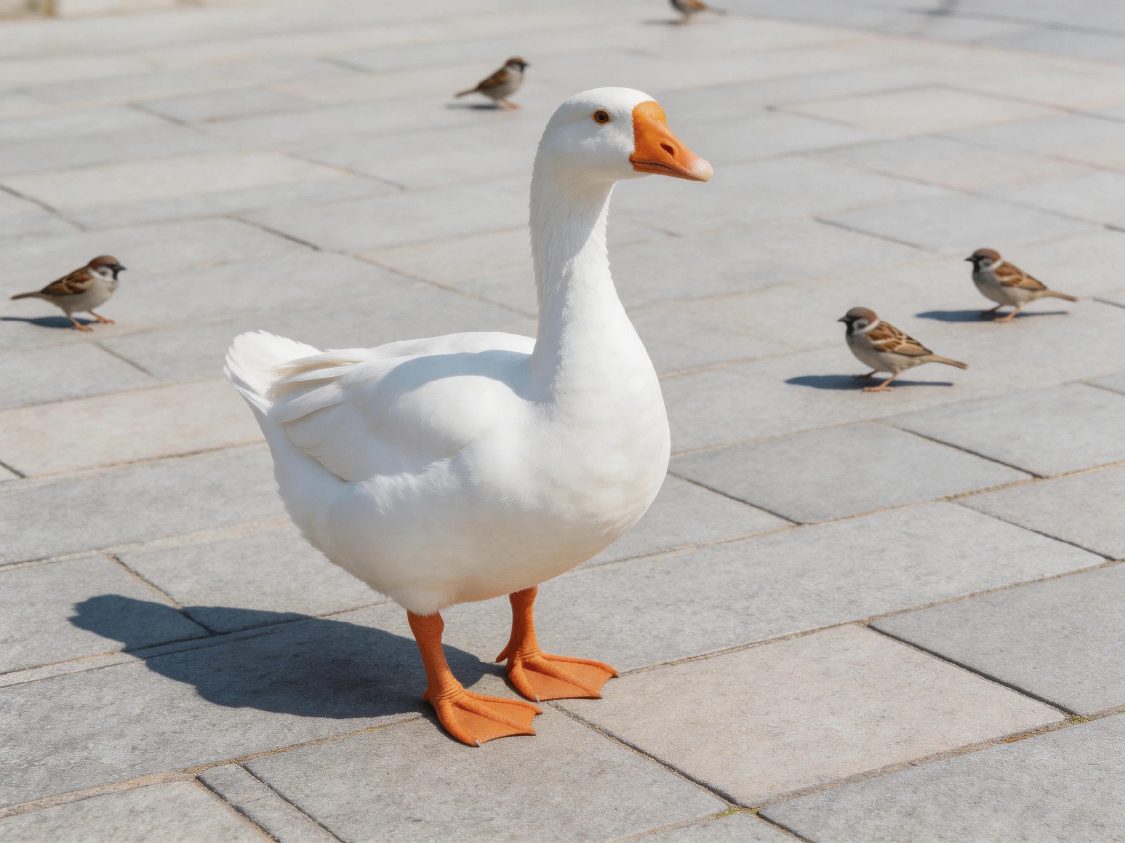 A white goose stands among five small brown sparrows on gray pavement