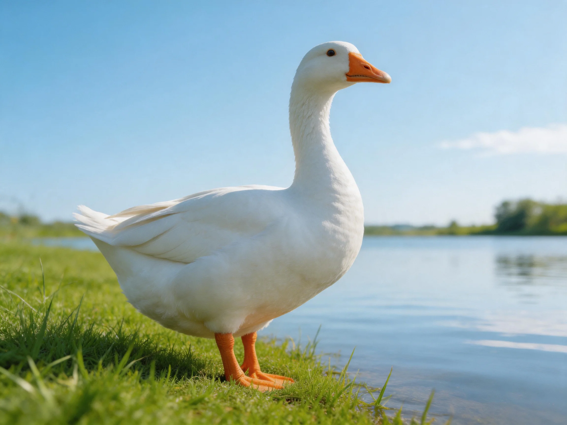 A white goose stands on lush green grass beside calm blue water